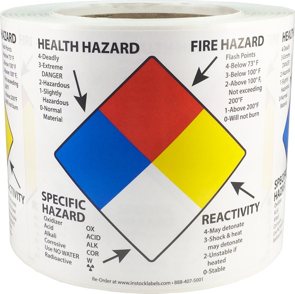 Right To Know Labels Health Fire Reactivity Specific Hazard 4 X 4 Inch Square 500 Adhesive Stickers