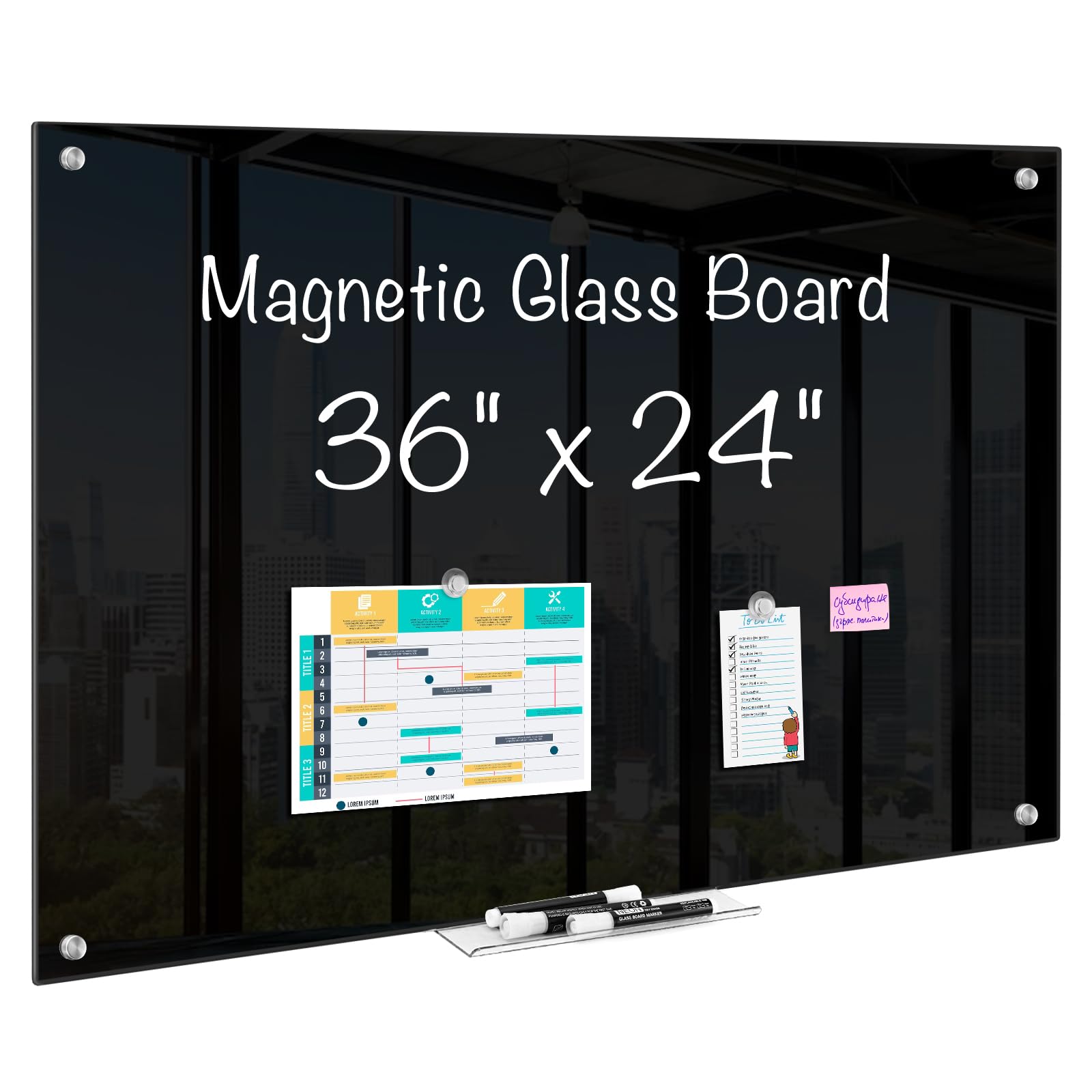 Maxtek Magnetic Glass Dry Erase White Board, 36' X 24' Black Glass Board For Wall Mounted, Includes 6 Magnets With Marker Tray