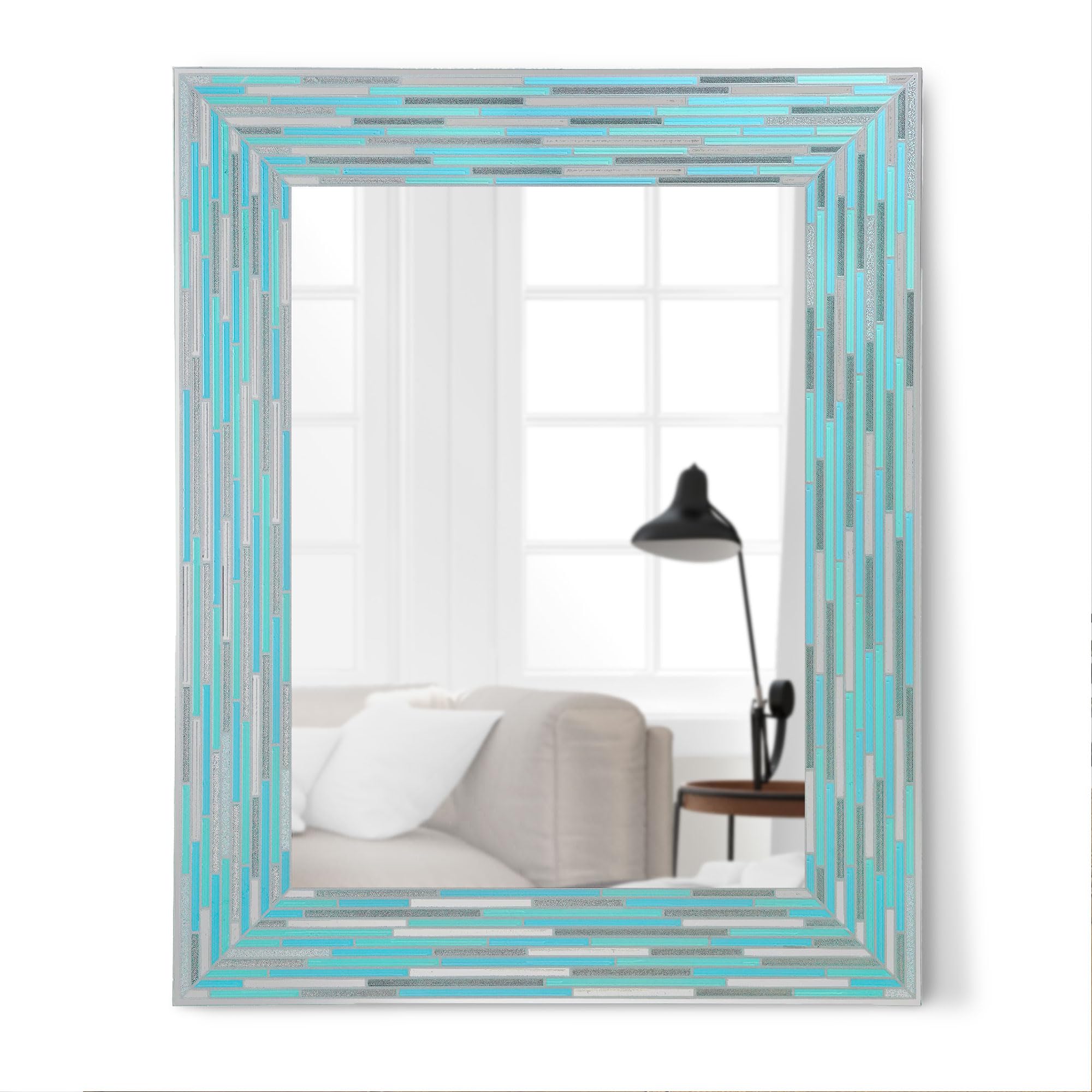 Head West Reeded Tiled Sea Glass Aqua Blue Bathroom Vanity Mirror, Mosaic Accent Decorative Mirror for Wall Decor, Modern Bathro