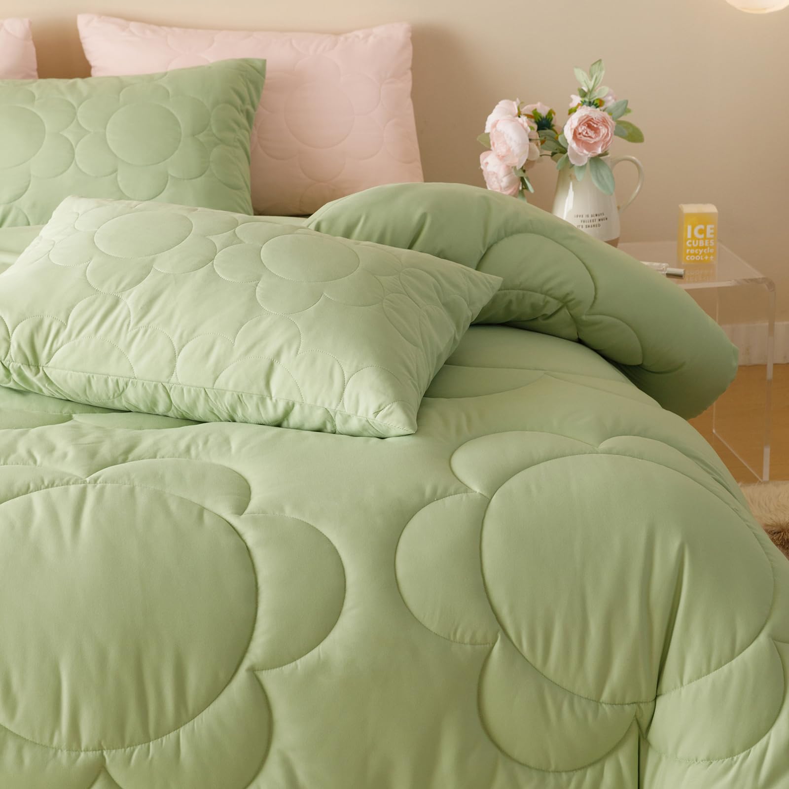 Luxlovery Sage Comforter Set Queen Sunflower Light Green Bedding Comforter Set Queen Size Boho Botanical Big Flowers Quilts Farm