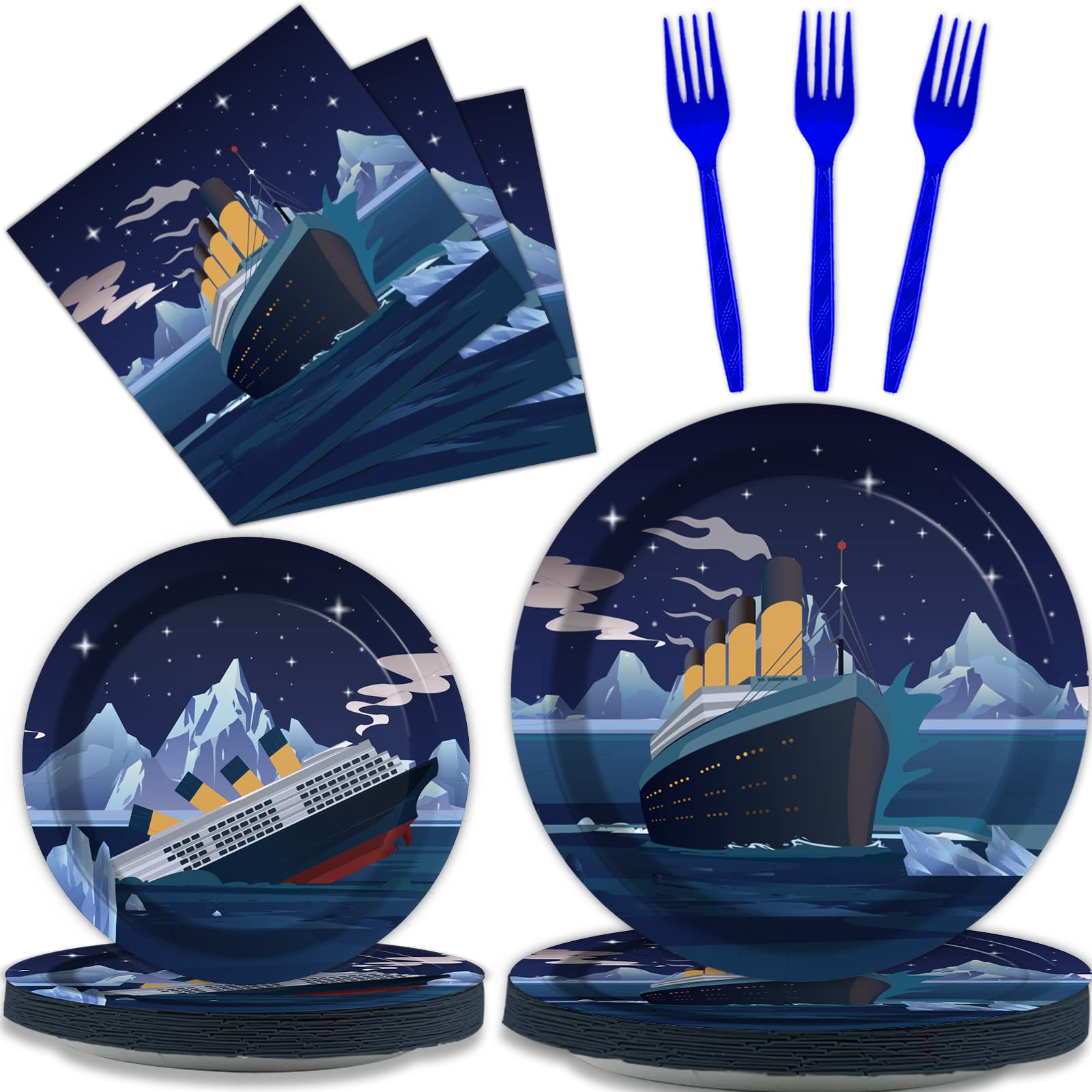 chiazllta 96 Pcs Titanic Party Paper Plate and Napkins Titanic Birthday Party Table Decoration Supplies Ocean Party Paper Plate 