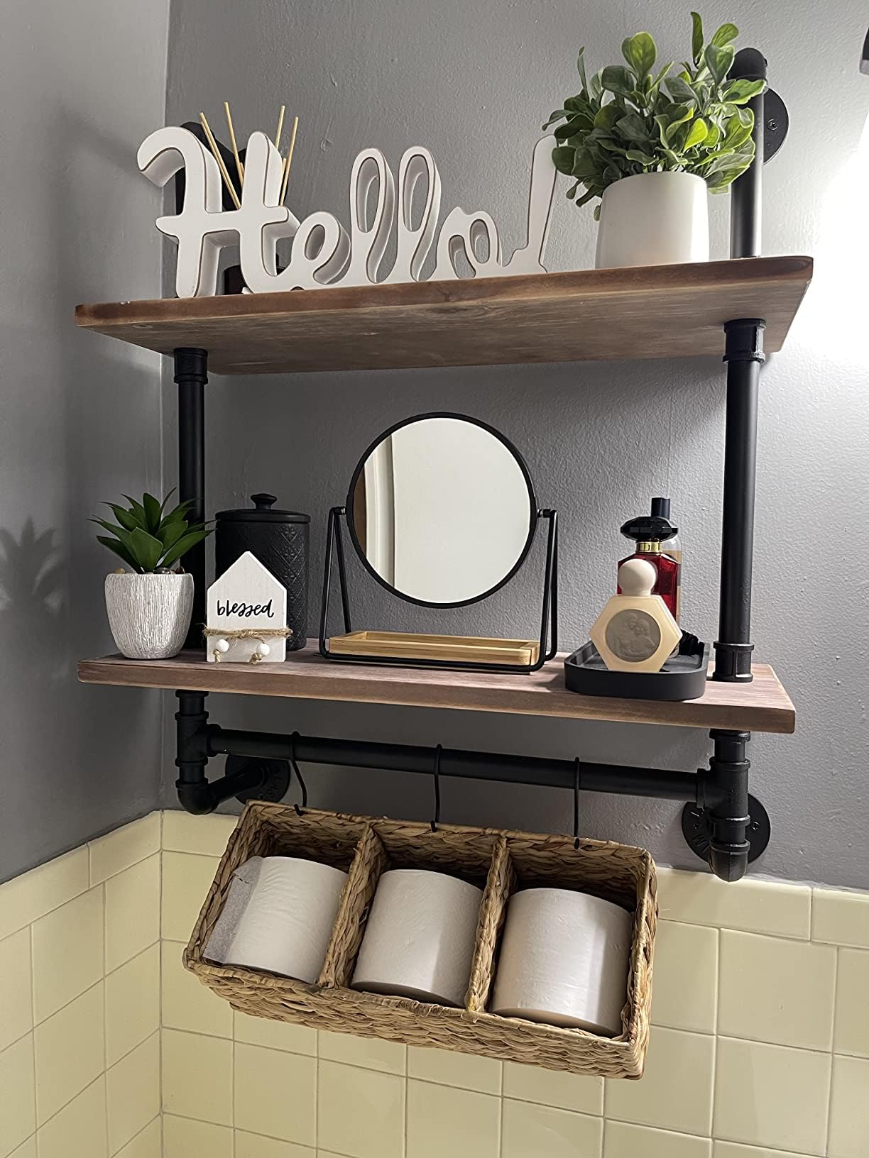 ROGMARS Industrial Pipe Shelf Floating Shelves Bathroom,Industrial Pipe Shelving Farmhouse Bathroom Shelves with Towel Bar Towel