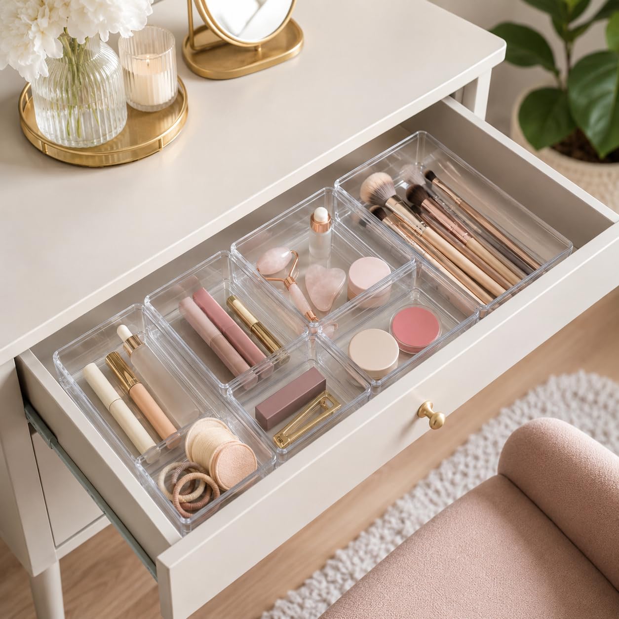 Clear Plastic Drawer Organiser Tray Set, 46 Pcs Modular Storage Bins For Makeup, Desk, Kitchen, Bathroom And Dresser Drawers