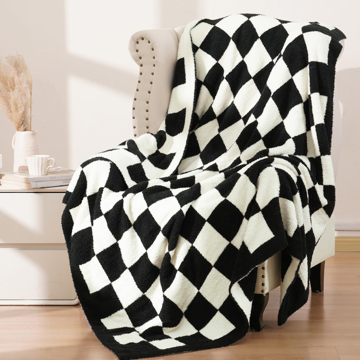 Phf Checkered Twin Blanket, Soft Knit Fluffy Aestheic Grid Blanket, Cozy Lightweight Checkerboard Fleece Blanket For Couch Bed S