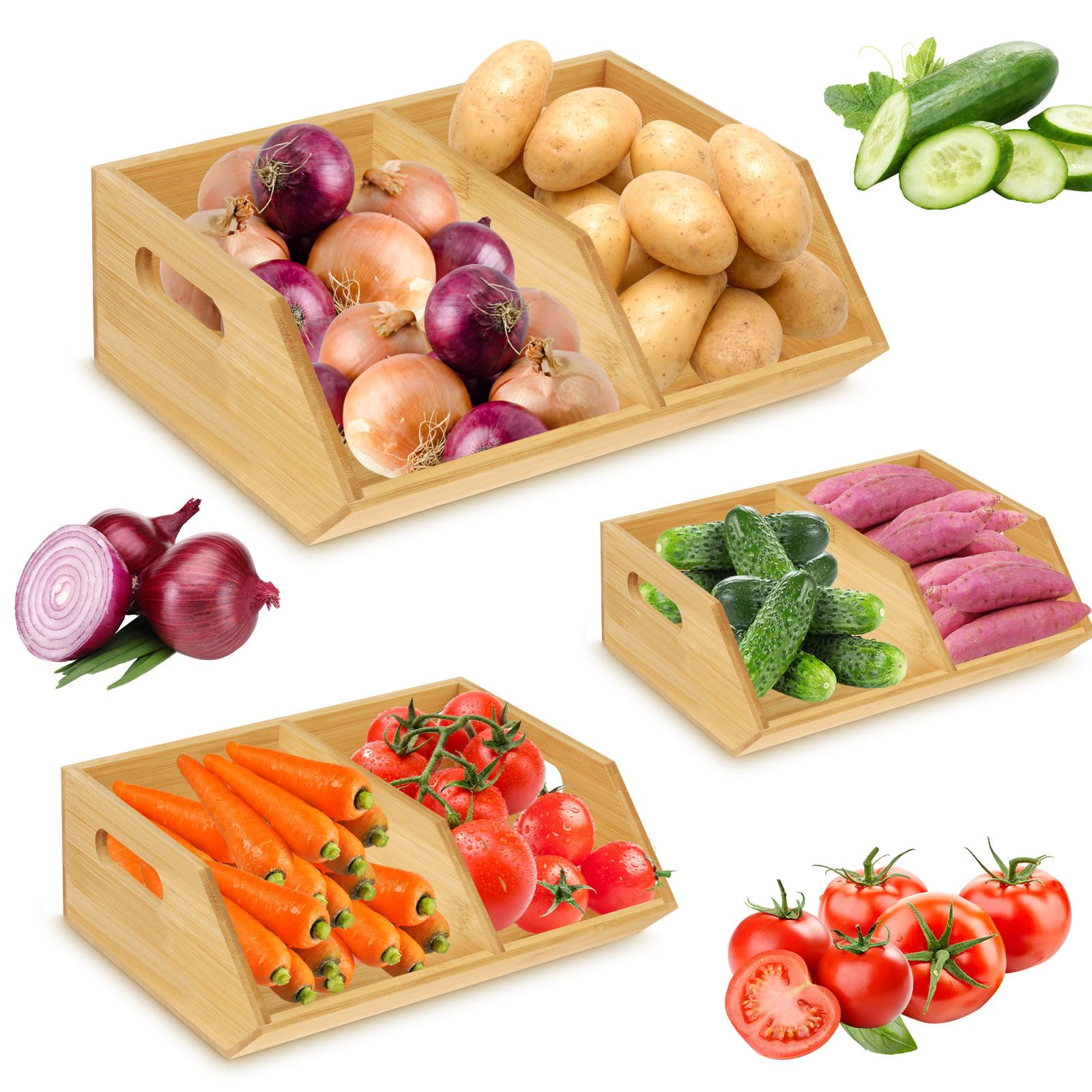 Barydat 3 Pcs Onion and Potato Storage, Bamboo Pantry Organizer, Ideal for Pantry, Stackable Pantry Organizers and Storage, Coun