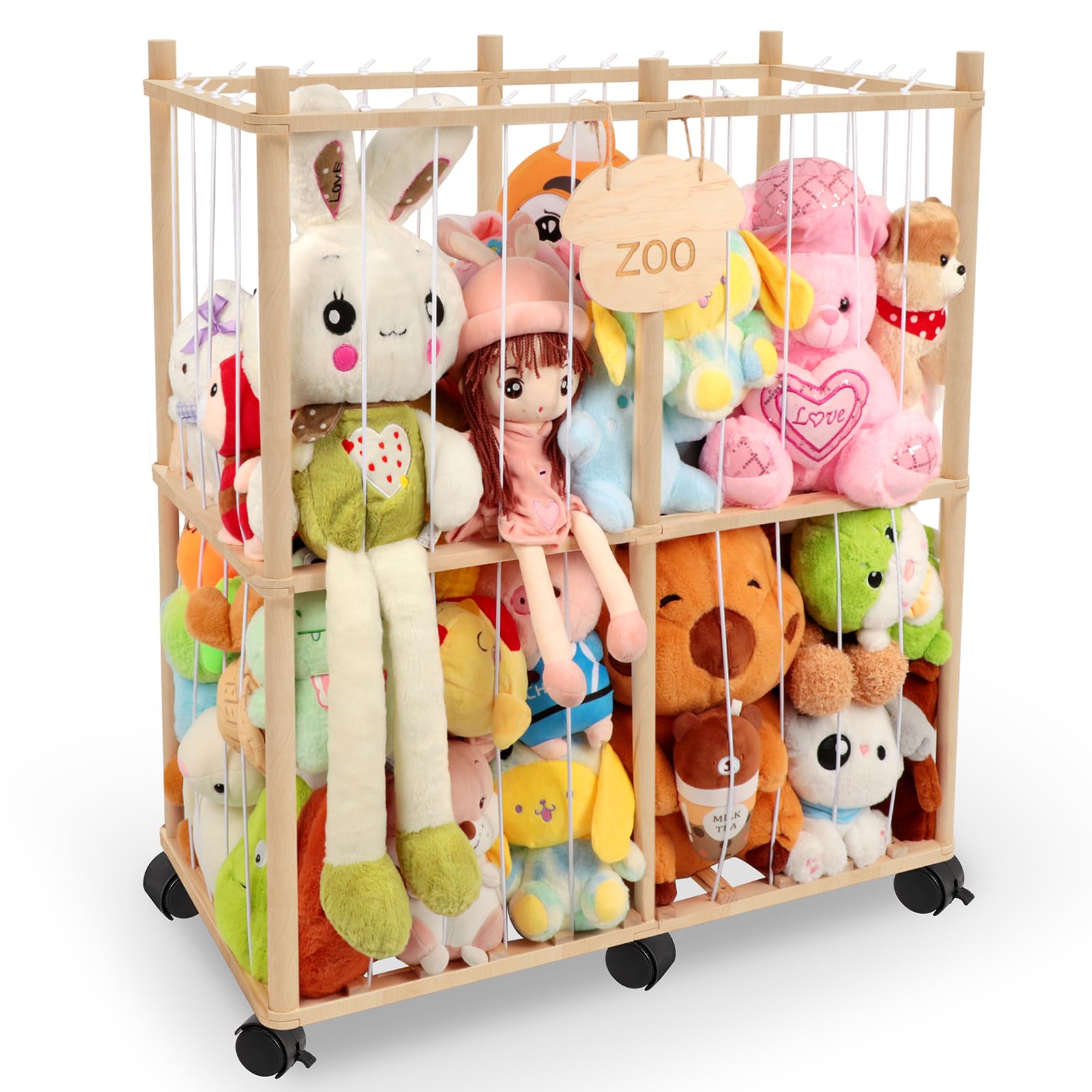 JinhzWin Stuffed Animal Storage, Wooden Stuff Toy Zoo Organizer, Large Capacity Stuffed Animal Holder, Space Saving Plush Toy St