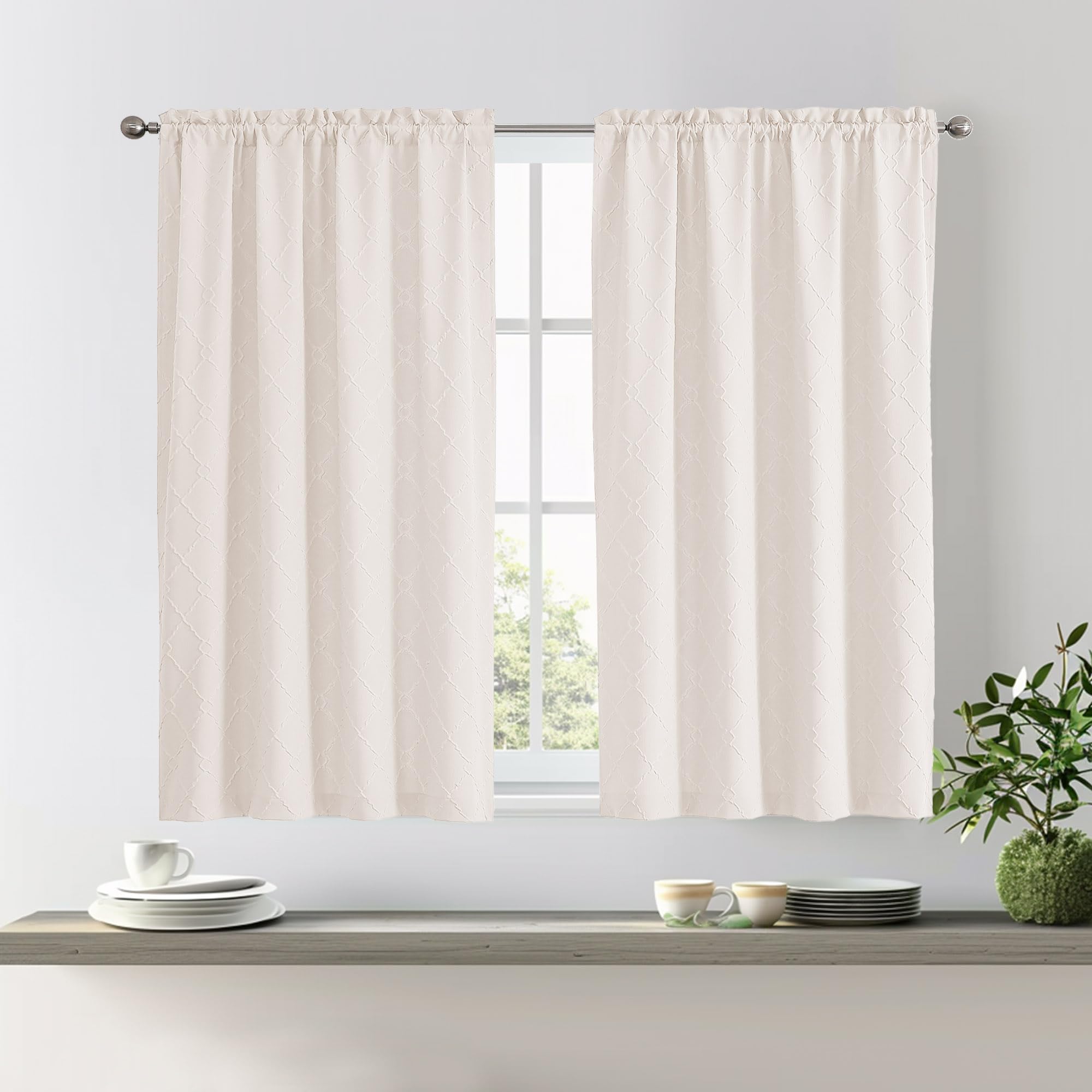Owenie Short Beige Curtains 54 Inch Length 2 Panels Set For Small Window, 3D Embossed Farmhouse Curtains, Balance Privacy And Li