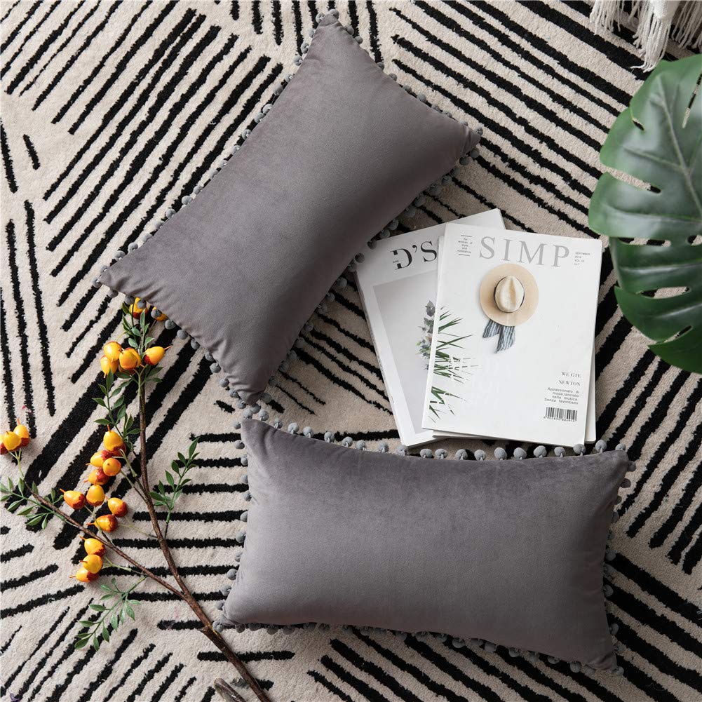 Dezene Throw Pillow Covers 12X20 Dark-Grey: 2 Pack Cozy Soft Pom-Poms Velvet Rectangular Decorative Pillow Cases For Farmhouse H