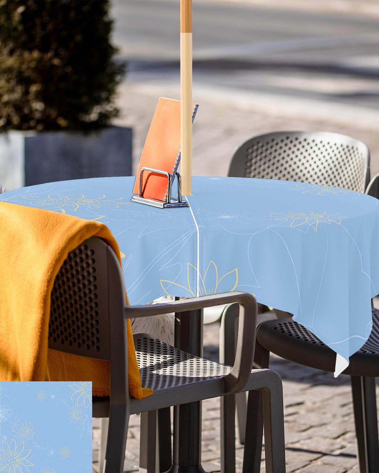 Queenker Outdoor Tablecloth With Umbrella Hole, Minimalist Lines Leaves Flowers Blue Square Tables Waterproof Tabletop Collectio