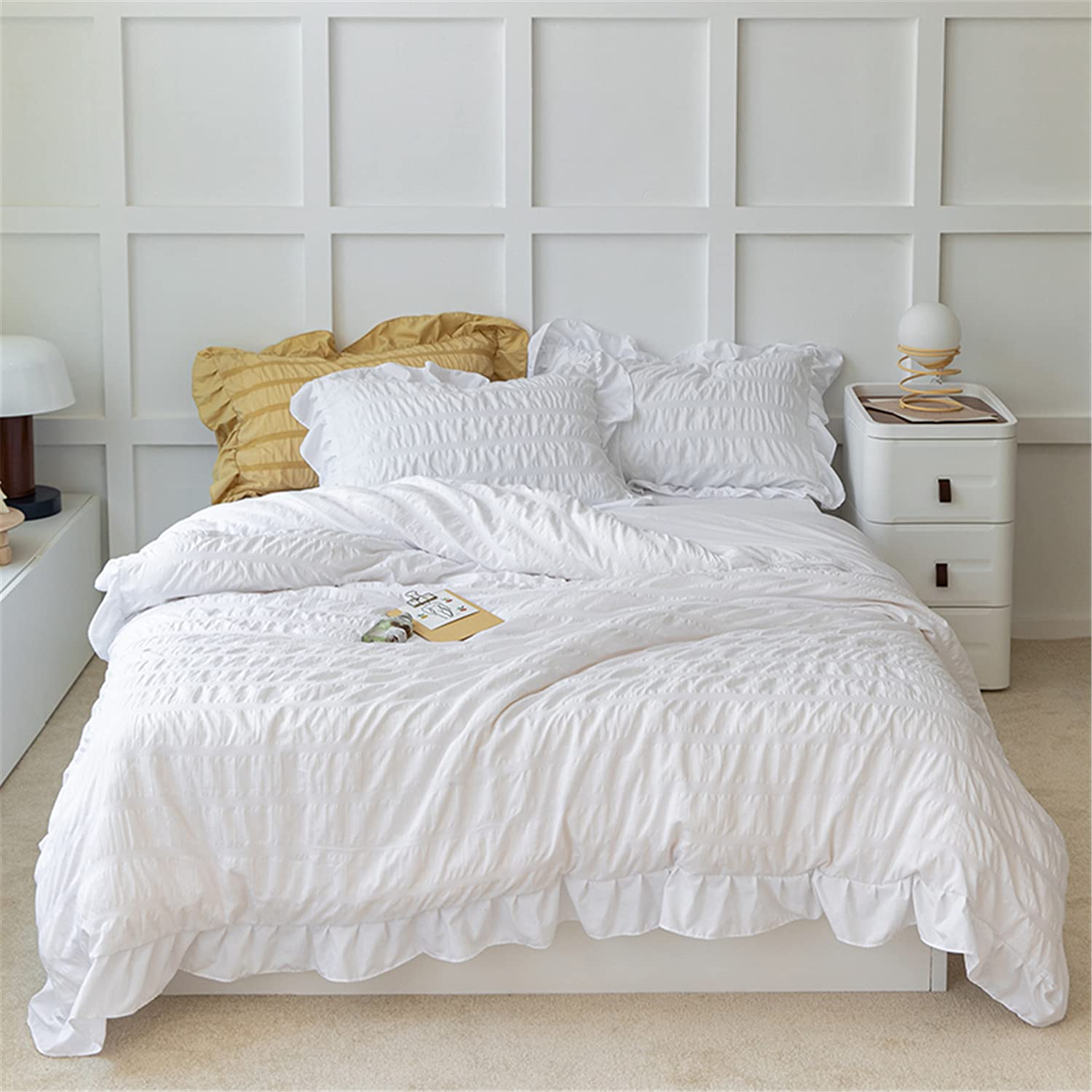 Soukechy White Ruffled Bedding-3 Pieces Queen Seersucker Duvet Cover Textured Stripe Style, Soft Lightweight, Washed Microfiber,