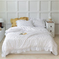 Soukechy White Ruffled Bedding-3 Pieces Queen Seersucker Duvet Cover Textured Stripe Style, Soft Lightweight, Washed Microfiber,