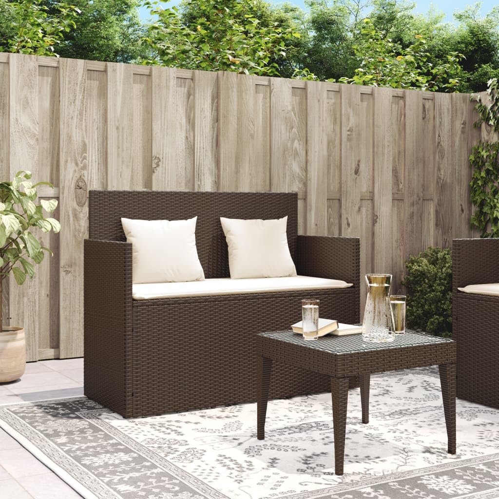 vidaXL Brown Poly Rattan Patio Bench - Outdoor Loveseat with Cushions and Storage - Weather-Resistant, Easy-Clean Garden Furniture