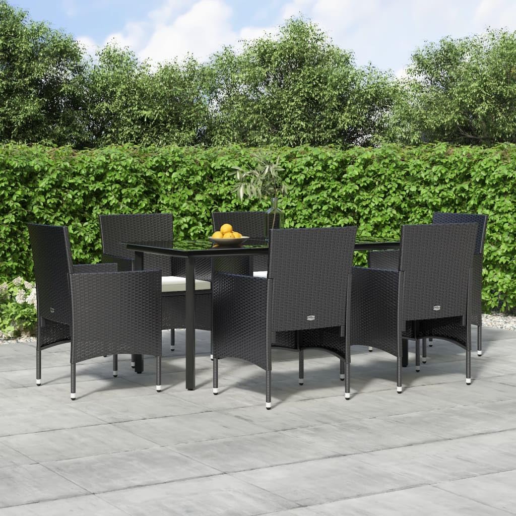 vidaXL 7-Piece Patio Dining Set - Black Poly Rattan Outdoor Furniture with Tempered Glass Tabletop, Padded Cushions and Sturdy Steel Frame