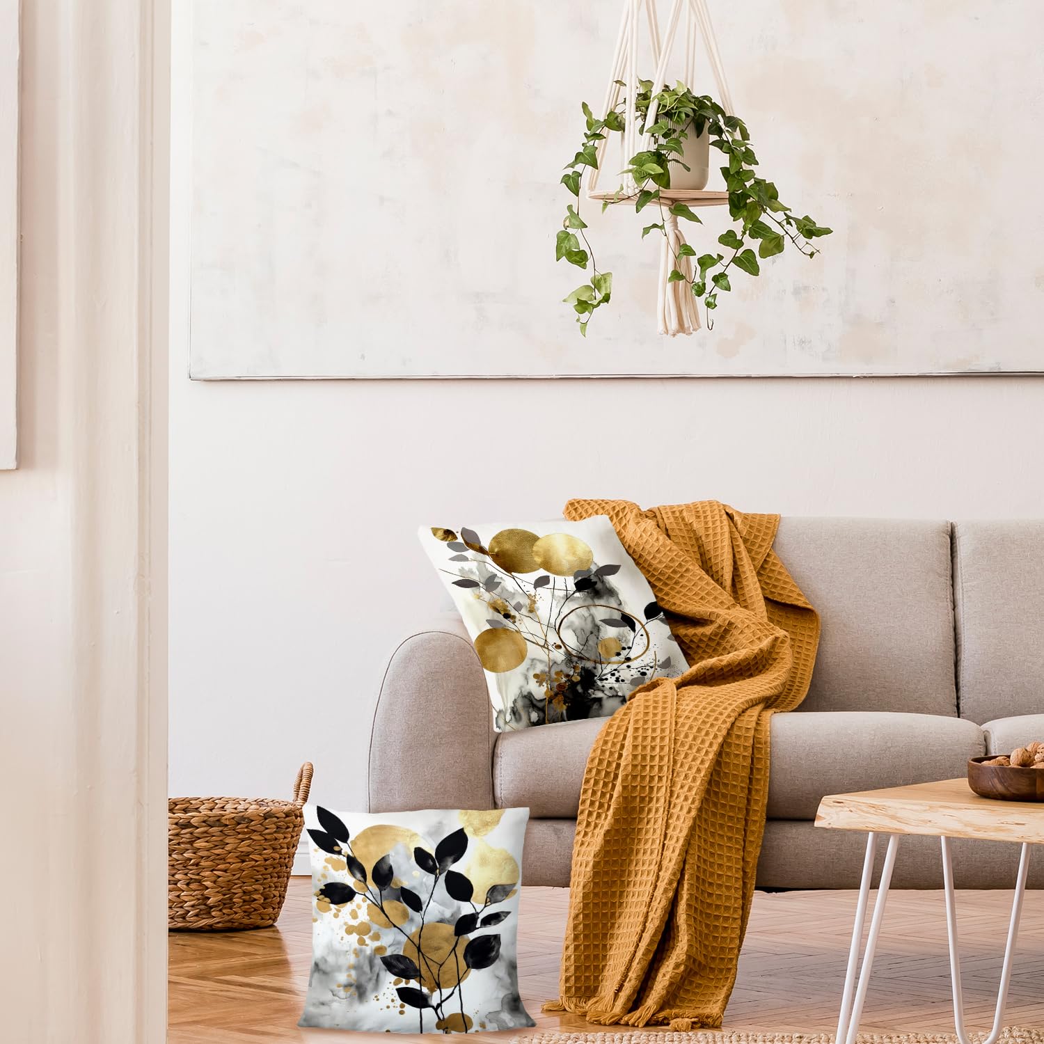 Supwhd Black And Gold Botanical Pillow Covers 18X18 Set Of 2, Abstract Modern Decorative Throw Pillow Covers For Living Room Bed