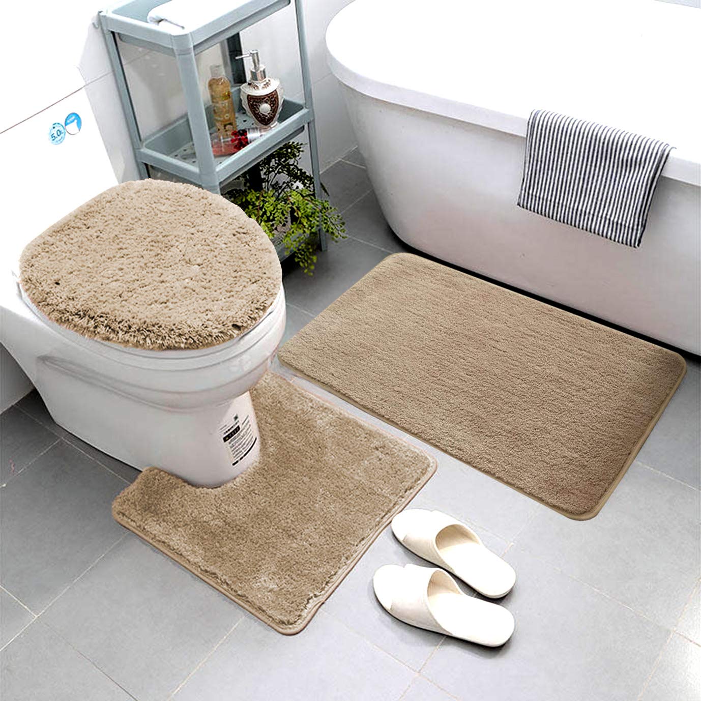 Smart Linen 3 Piece Bathroom Rug Set Includes Bath Rug, Contour Mat and Toilet Lid Cover, Machine Washable, Super Soft Microfibe