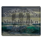 A Viking King and His Shieldmaiden Live Here, 8.5 x 11.5 Inch Aluminum Sign, Nordic Accessories & Wall Decor for Man Cave, Brewe