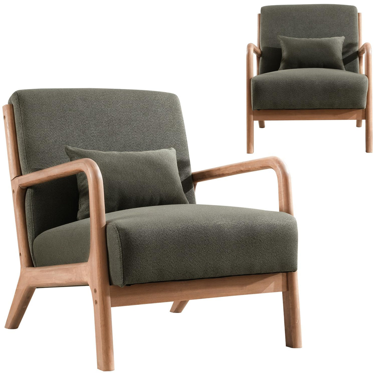 Inzoy Mid-Century Modern Accent Chair Set Of 2, Green Living Room Chairs With Waist Cushion, Upholstered Reading Armchair For Bedroom Sunroom
