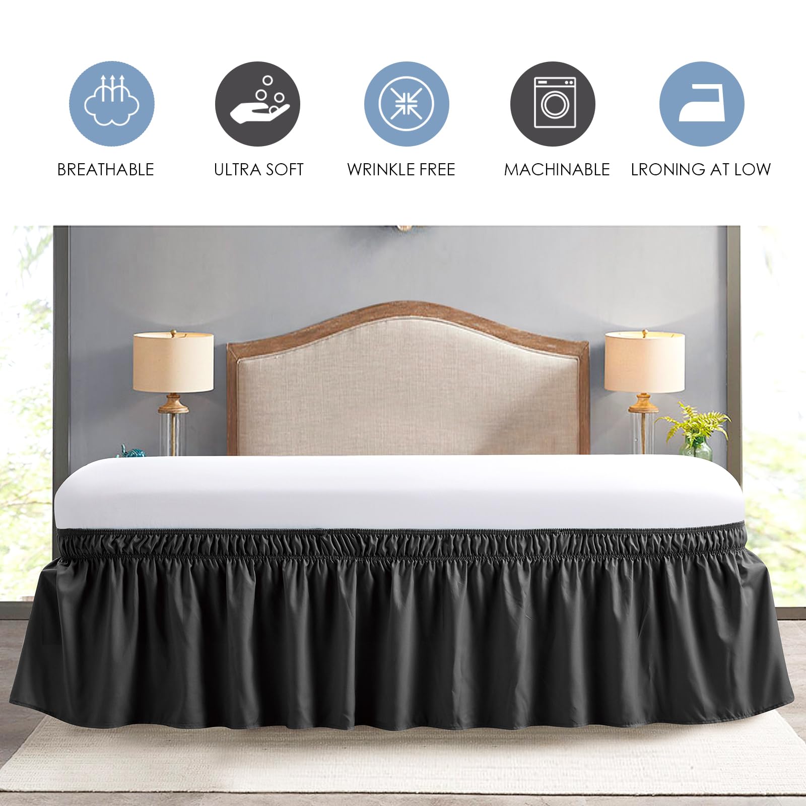 Freshculture Queen Bed Skirt, Elastic Wrap Around Bed Skirt Queen Size, Bed Skirts For Adjustable Bed, Easy Fit With 15-Inch Tai