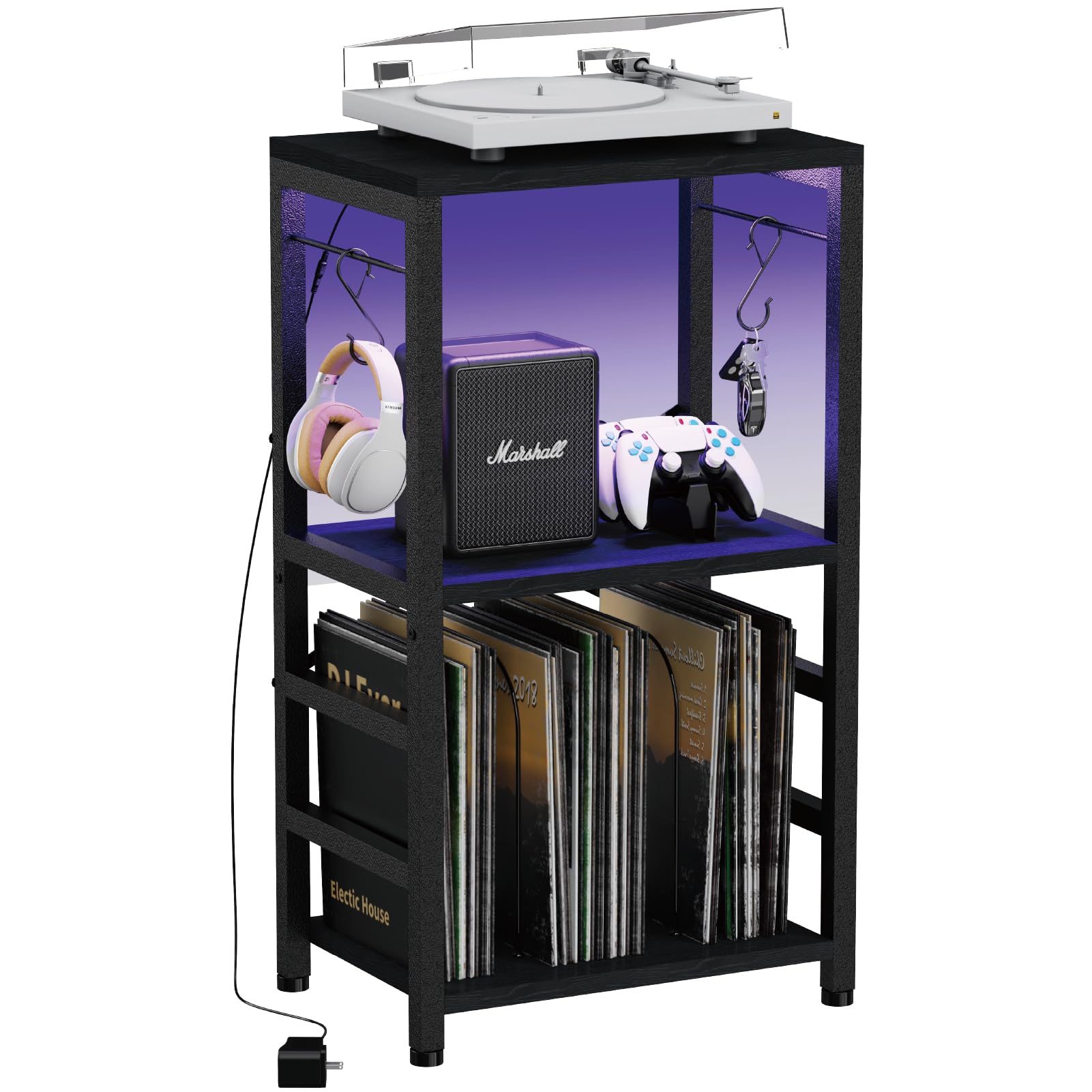 YAKANJ End Table with LED Light,Record Player Stand with Albums Storage,Vinyl Records Storage,Turntable Stand Side Table for Mus
