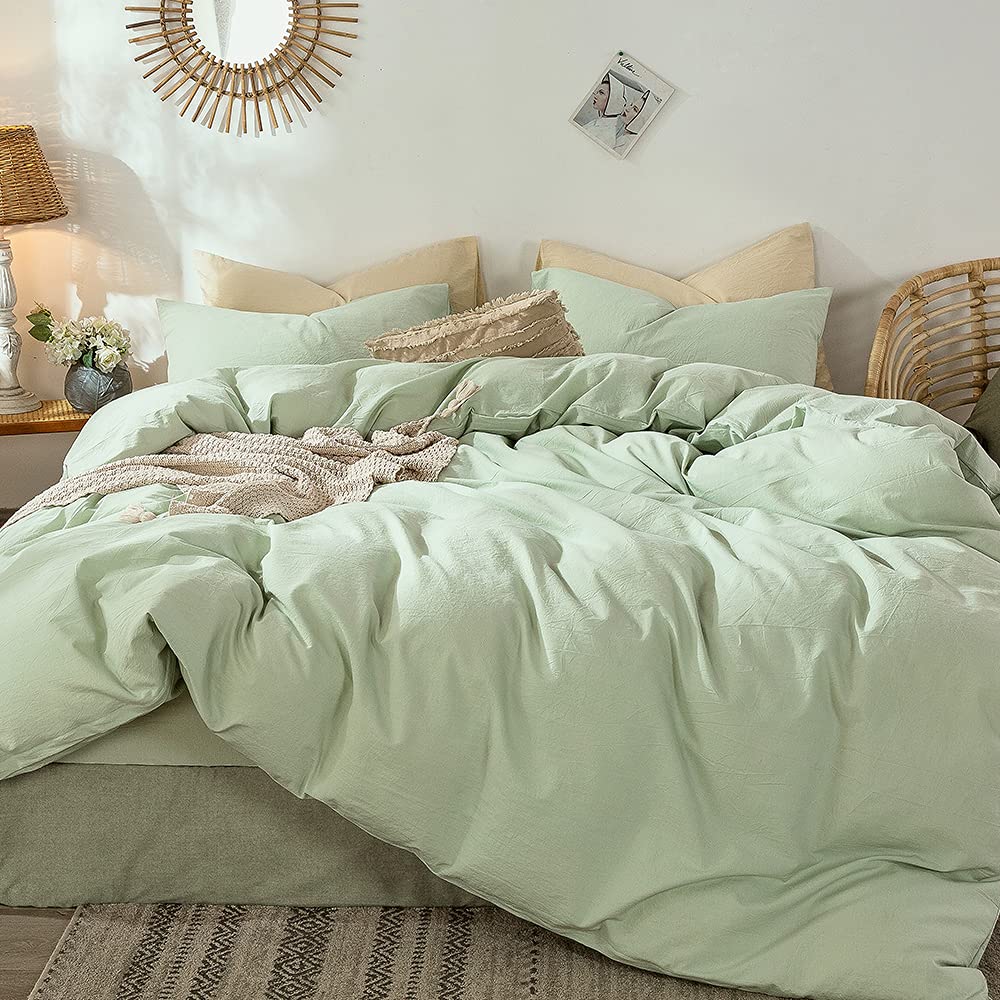 Moomee Bedding Duvet Cover Set 100% Washed Cotton Linen Like Textured Breathable Durable Soft Comfy (Seaglass Green, Cal King)