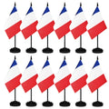 12 Pack France Desk Flags Set, French Small Mini Table Office Flags With 12' Solid Black Pole, Black Base And Spear Top, Miniat