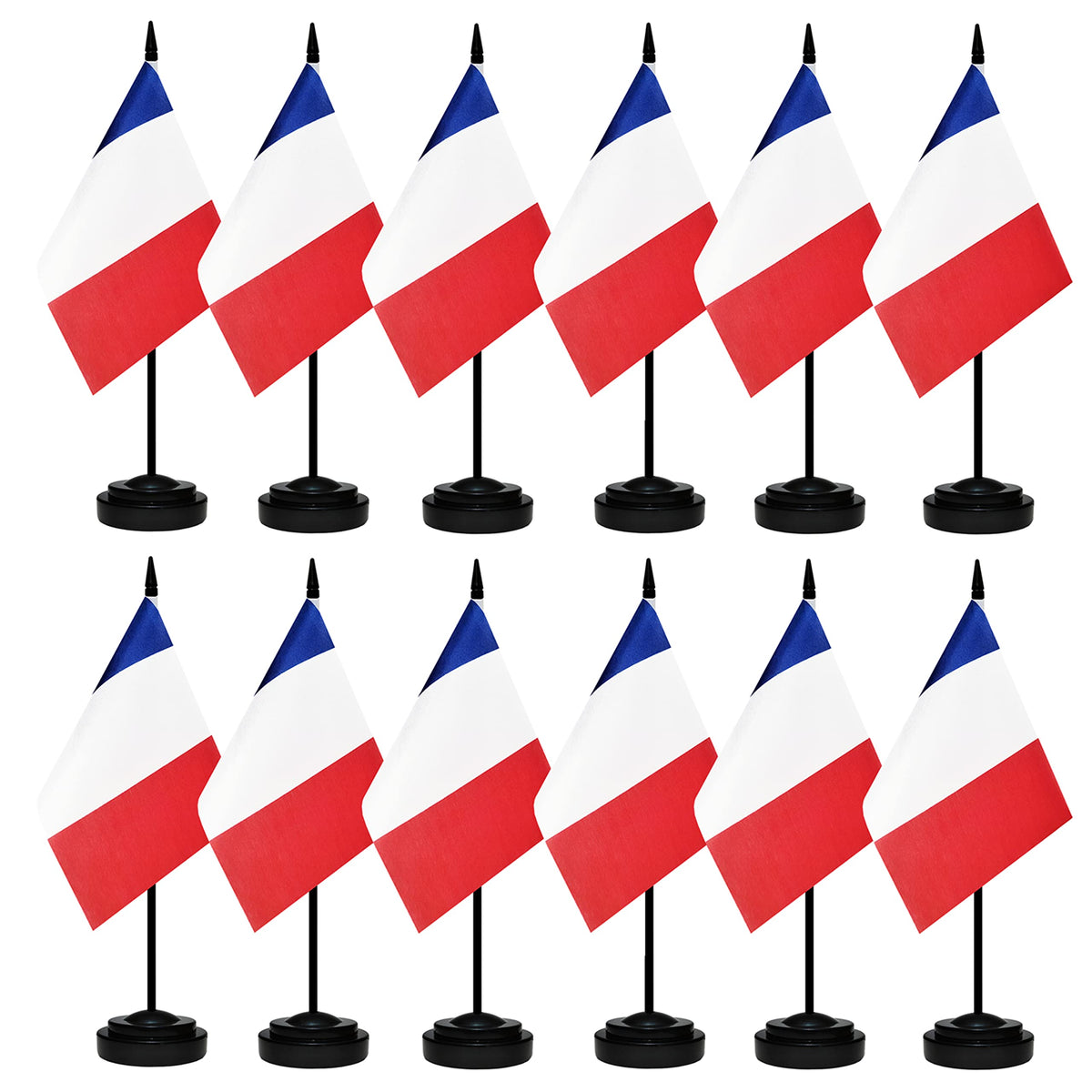 12 Pack France Desk Flags Set, French Small Mini Table Office Flags With 12' Solid Black Pole, Black Base And Spear Top, Miniat