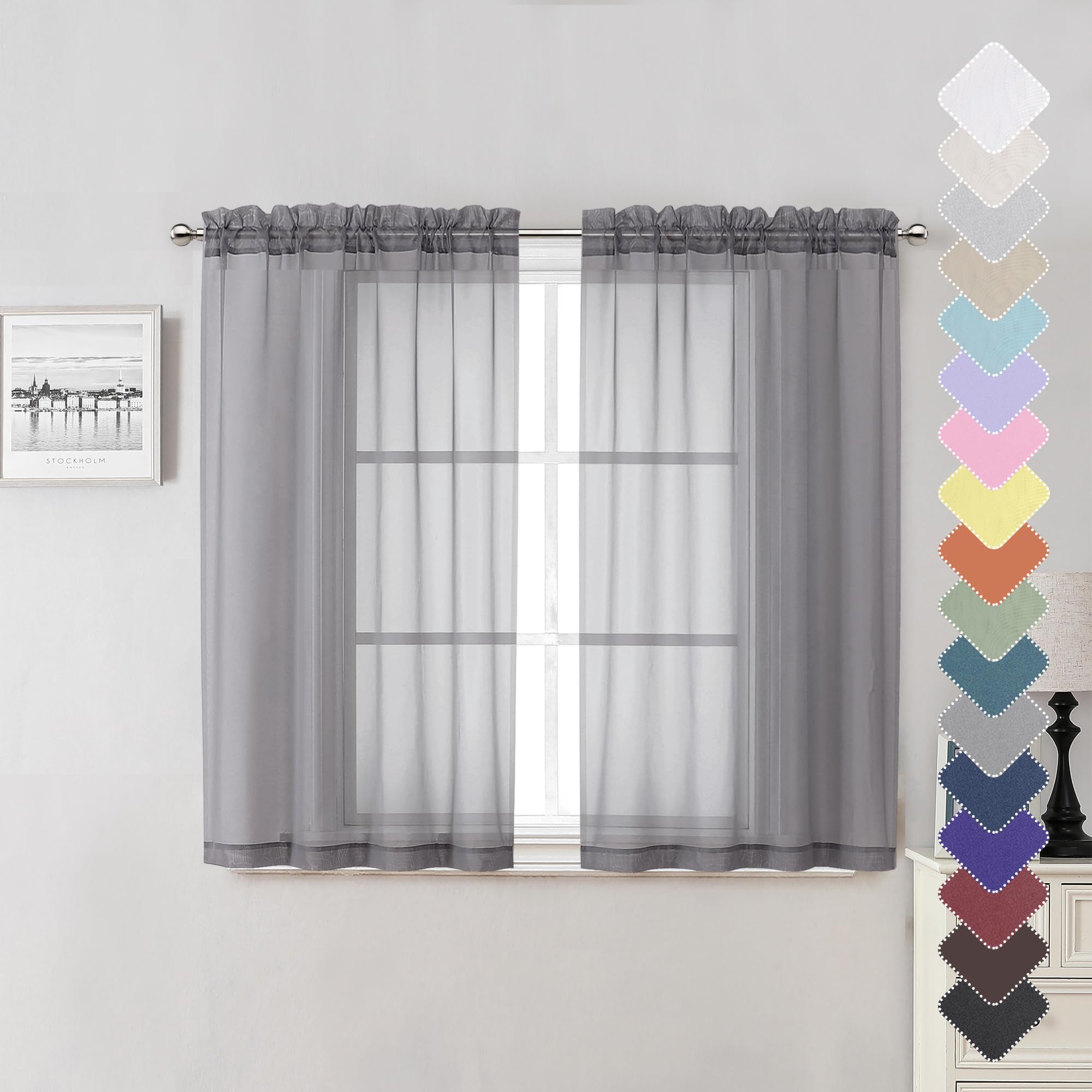 Lecloud Grey Sheer Curtains 45 Inch Long 2 Panels, Short Voile Drapes For Dinning Small Windows, Light Filtering Voile Curtain F
