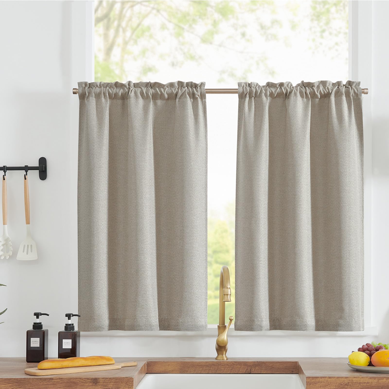 jinchan Kitchen Curtains Linen Textured Tier Curtains Rod Pocket Flax Linen Look Tiers Curtains for Living Room Farmhouse Cafe C