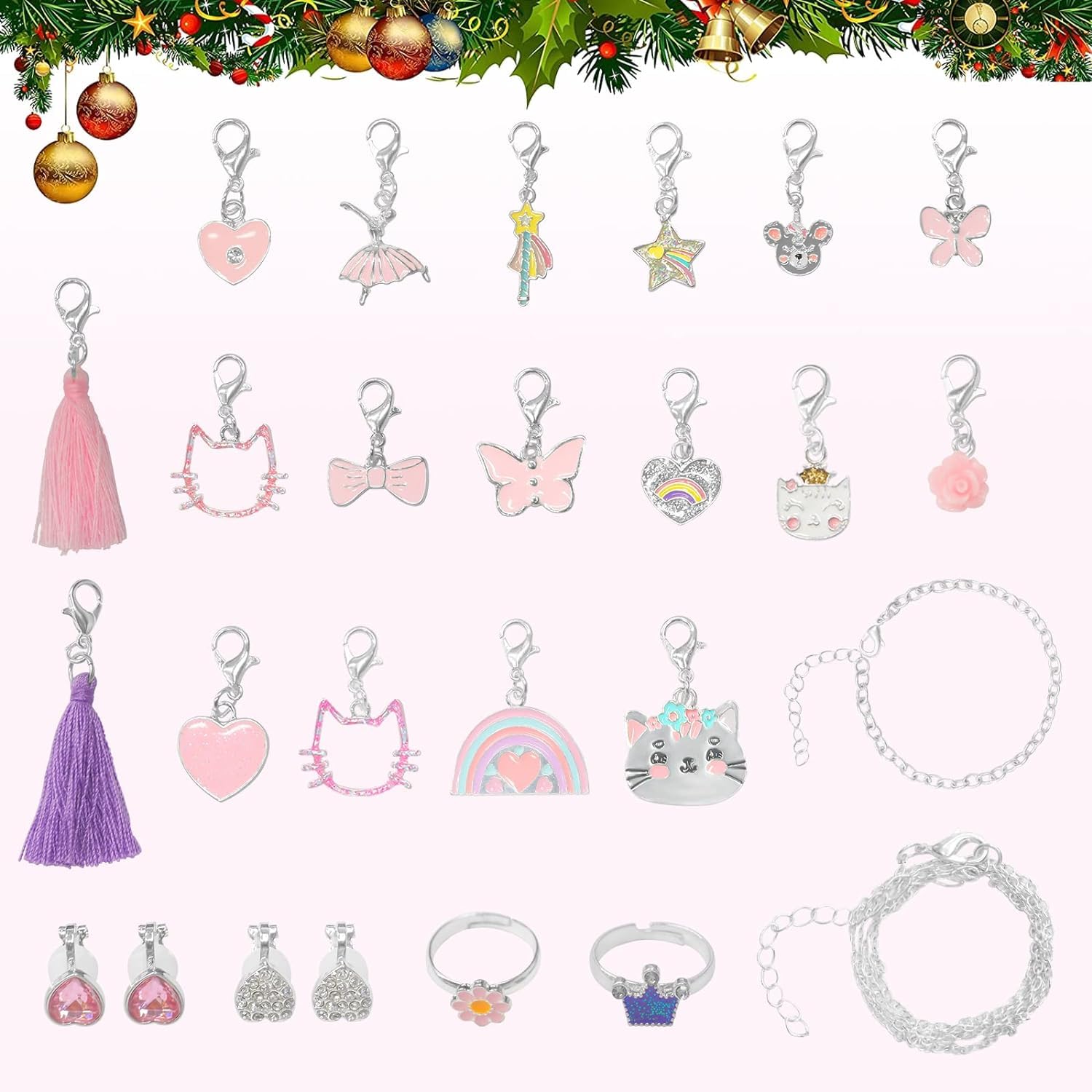 Advent Calendar 2024,Christmas Countdown Diy Cute Cat Charms Bracelet Fashion Christmas With 2 Bracelets And 22 Unique Charms Je