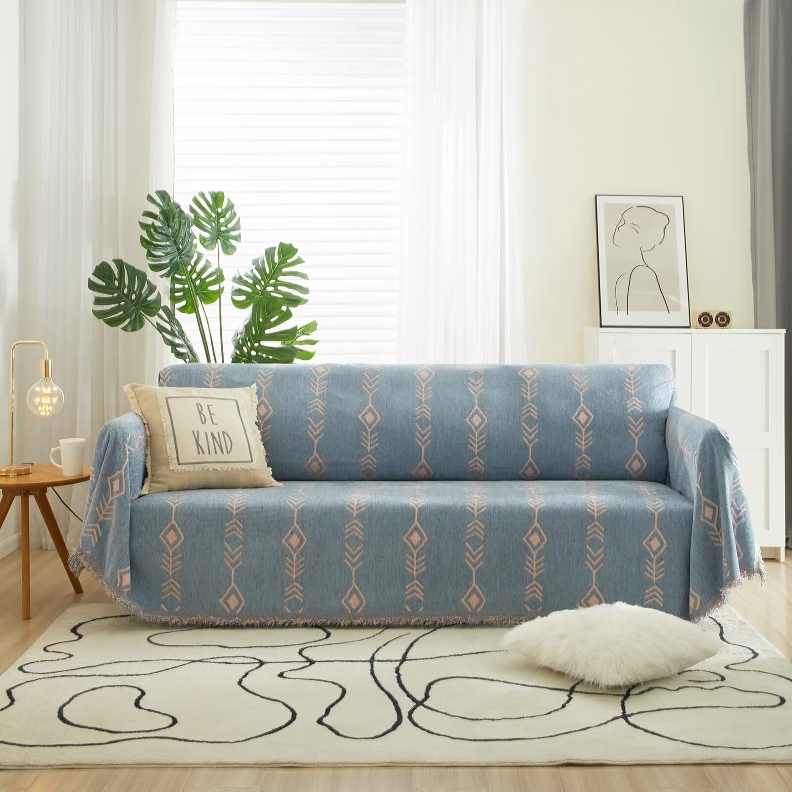 Vclife Boho Sofa Cover Greyish-Blue Pink Herringbone Sofa Slipcover Thick Durable Chenille Couch Cover For 2 Cushion Couch Sofa