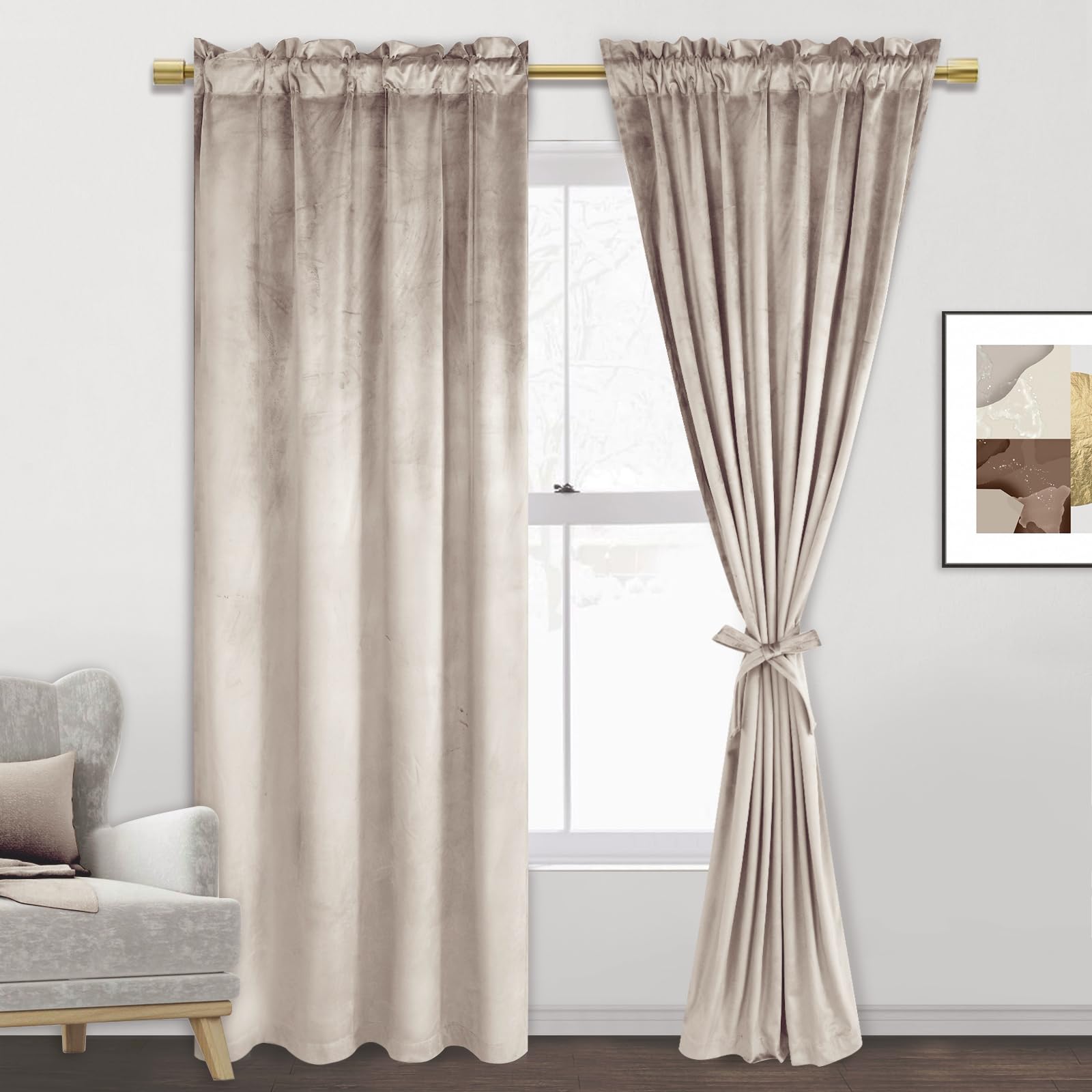 Jiuzhen Beige Light Filtering Velvet Curtains Privacy Protect Room Darkening Rod Pocket Thick Velvet Window Drapes For Bedroom/D