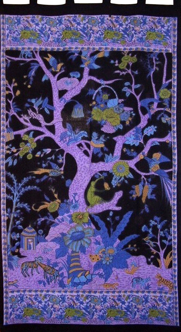 India Arts Tree of Life Tab Top Curtain Drape Panel Cotton 44 x 88 Purple Black