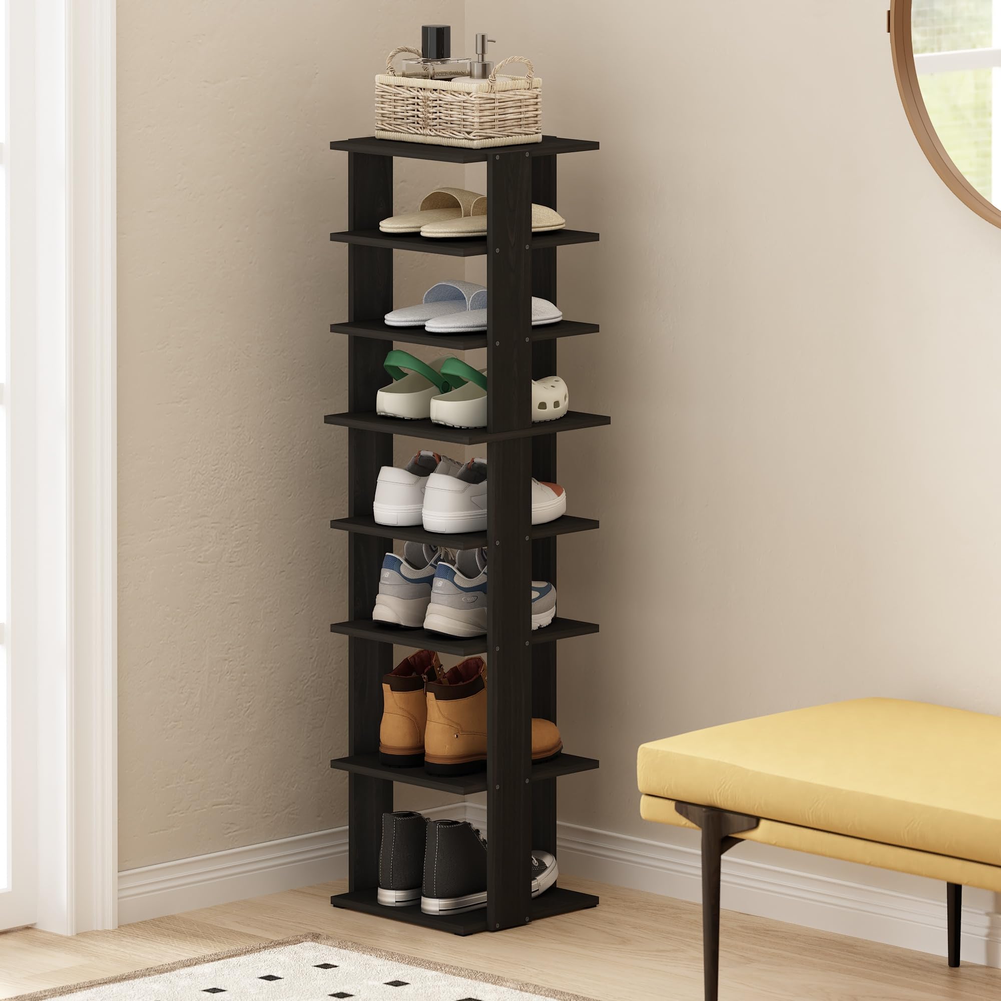 Furinno Compact 8-Tier Vertical Space Saving Free Standing Shoe Tower, Shoe Rack for Closet Entryway, Espresso