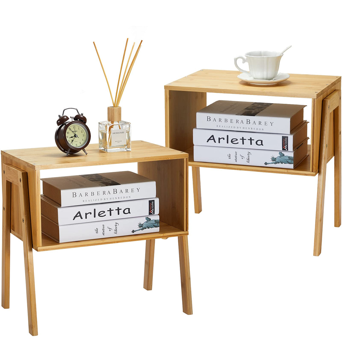 Pipishell Bamboo Stackable End Tables, Wood Living Room Nightstand, Bedside Tables For Bedroom Storage, Set Of 2