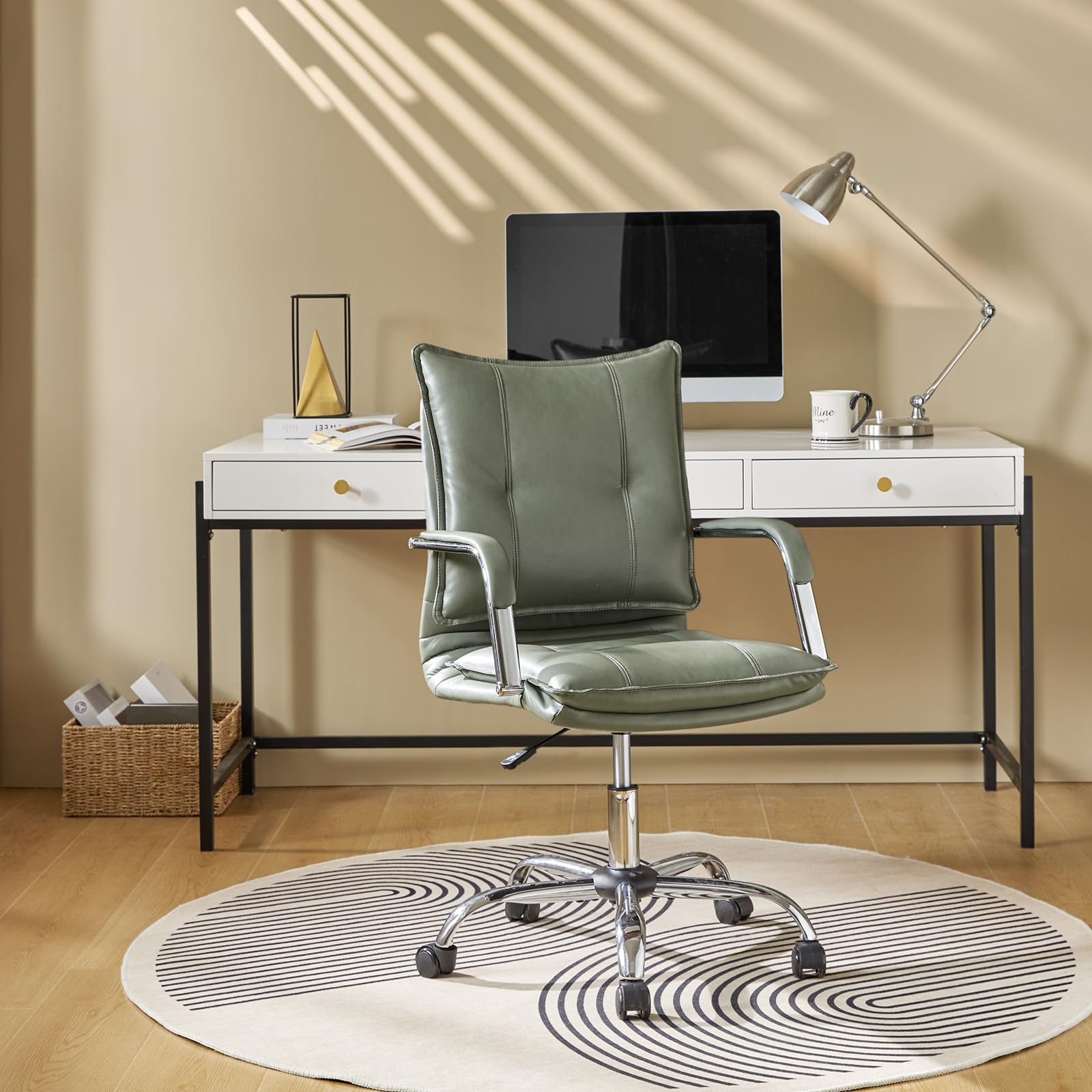 Hulala Home Faux Leather Home Office Desk Chair, Adjustable Swivel Computer Chair With Sliver Legs And Arms, Comfy Upholstered Task Chair(Sage)