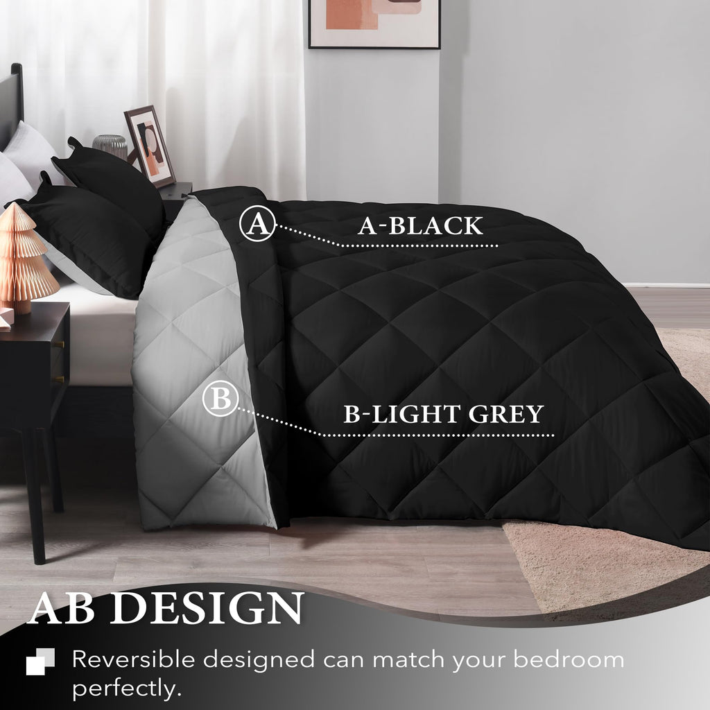 Downluxe Full Size Comforter Set - Black And Grey Full Comforter - Soft Bedding Sets For All Seasons -3- Piece Comforter Set Full With 2 Reversible Pillow Shams