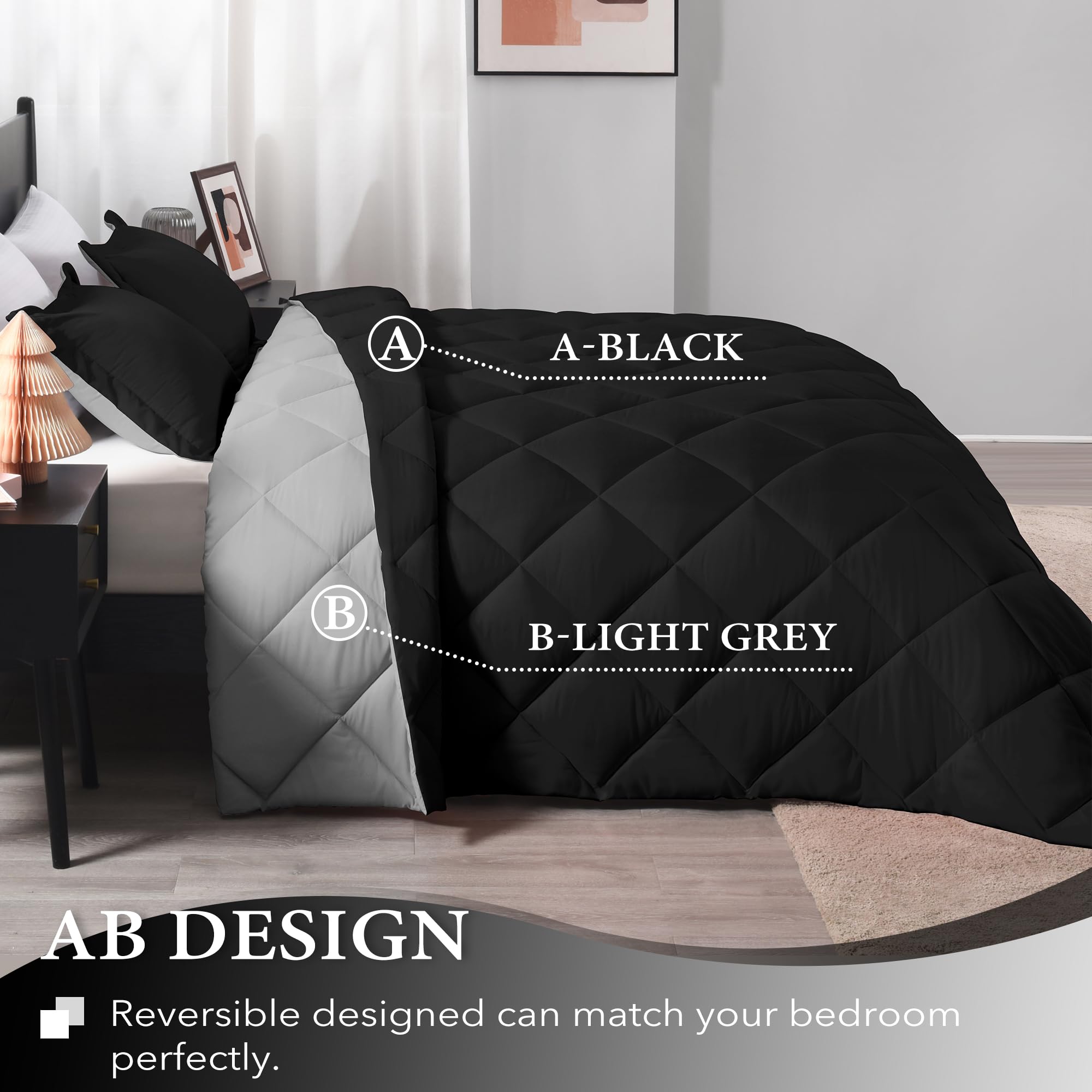 Downluxe Queen Comforter Set - Black And Grey Comforter Set Queen, Soft Bedding Sets For All Seasons -3 Pieces - 1 Comforter (88'X92') And 2 Pillow Shams(20'X26')