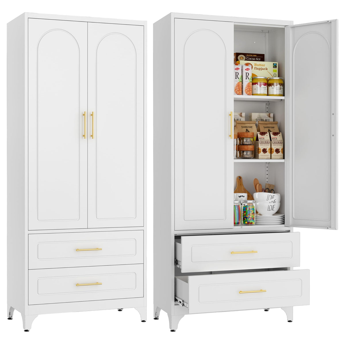 Steeloong Meta Storage Cabinet With 2 Drawers,75Inch White Food Pantry Cabinets For Kitchen Storage With 2 Adjustable Shelves,Ta