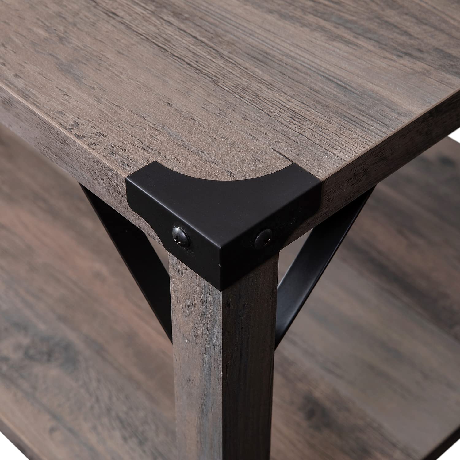 Flash Furniture Wyatt Modern Farmhouse 2 Tier Coffee Table - Gray Wash Engineered Wood Frame - Black Metal Crisscross Side Braces and Corner Accents