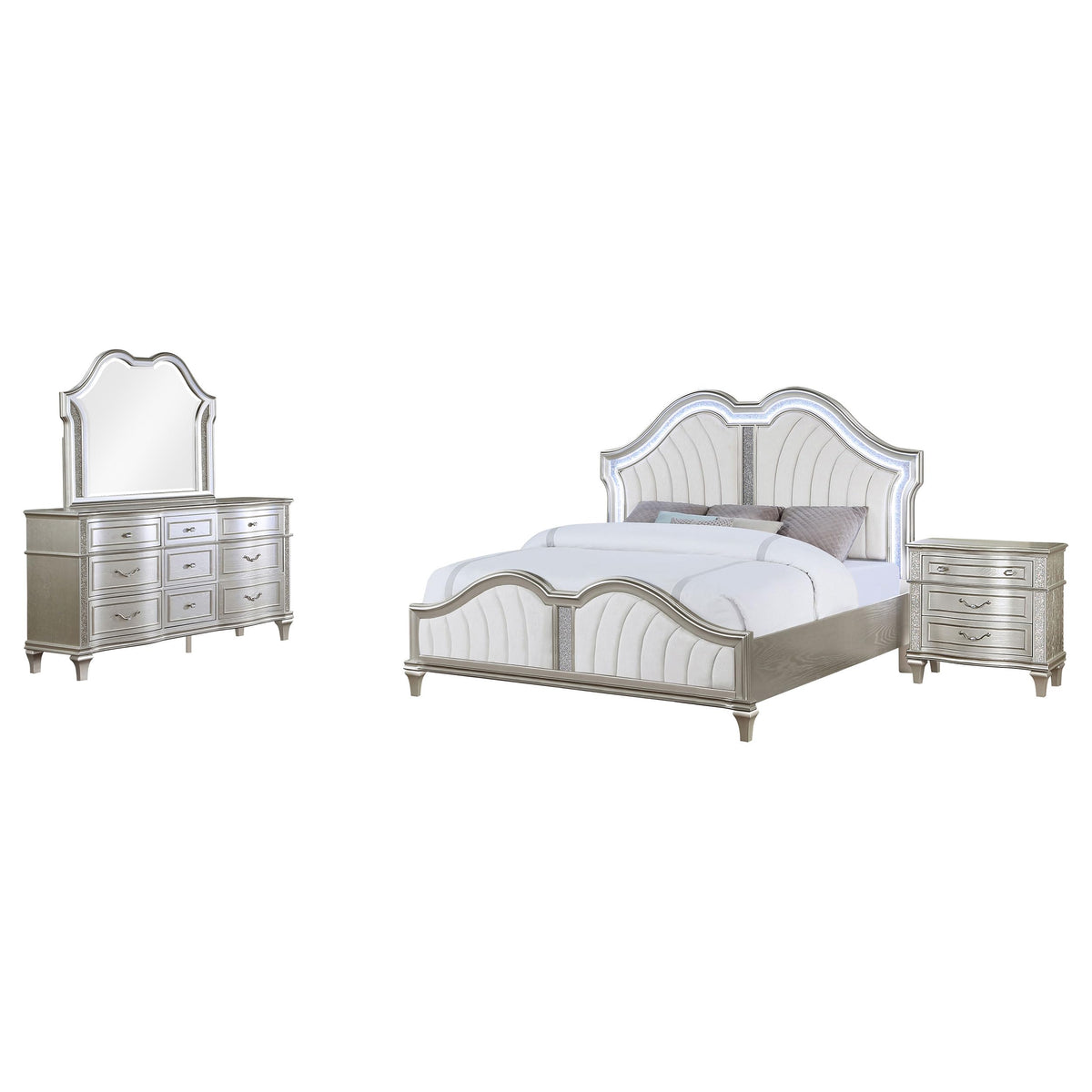 Coaster Home Furnishings Evangeline Modern Classic 4-Piece Bedroom Set Chenille Upholstered Queen Size Led Panel Bed Frame 64-Inch Headboard Silver Oak 223391Q-S4
