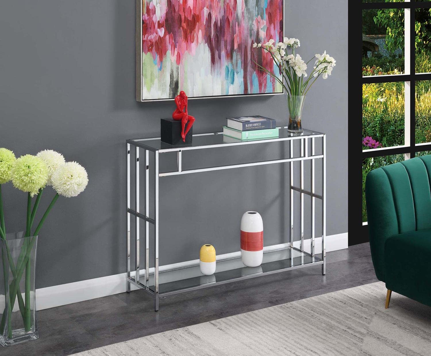 Convenience Concepts Mission Glass Console Table, Clear Glass / Chrome