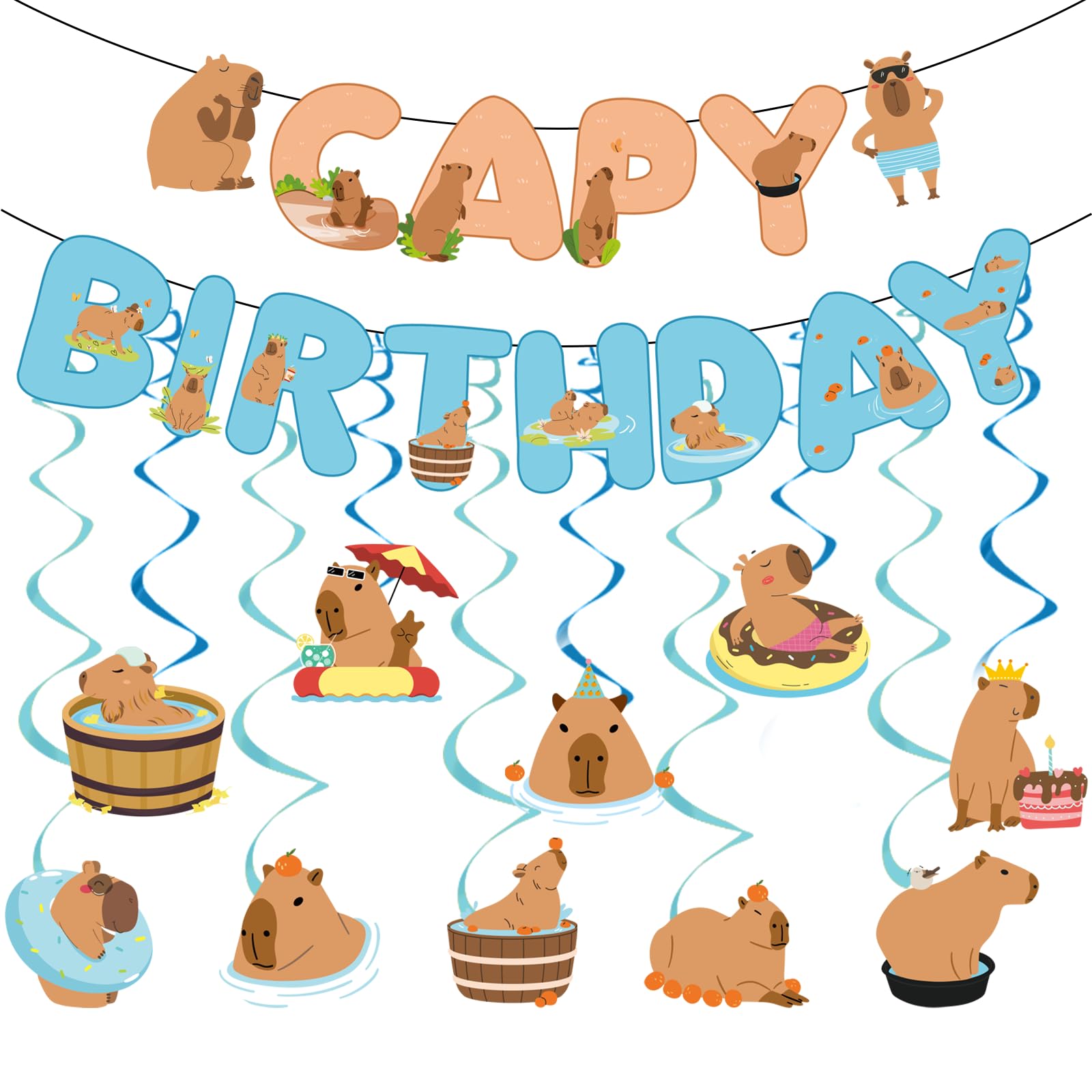 Rakuto Happy Capybara Birthday Decorations, 10PCS Cute Capy Birthday Party Banners Hanging Swirls Decor, Capybara Lover Bday Dec