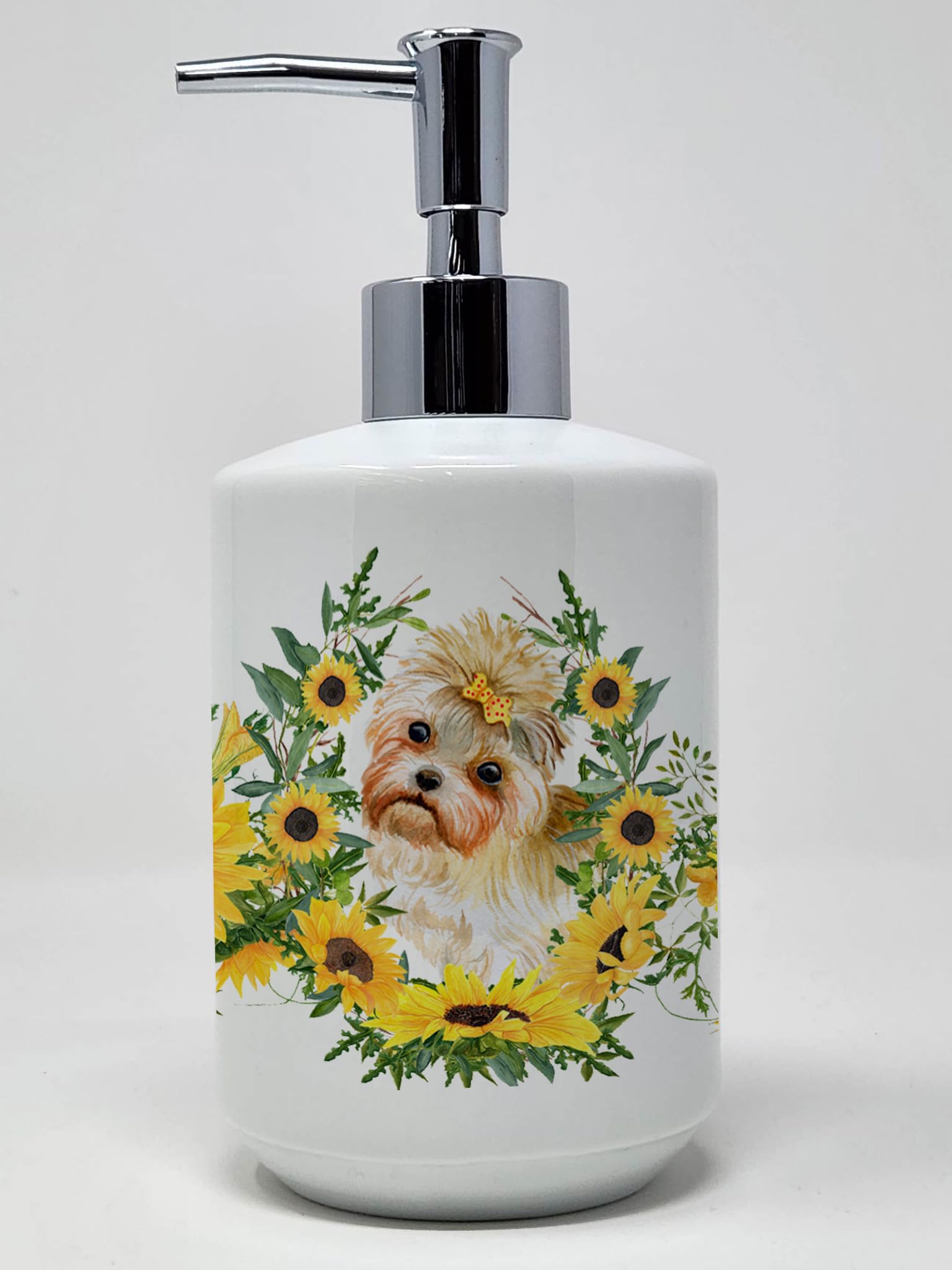 Caroline's Treasures CK2860SOAP Morkie in Sunflowers Ceramic Soap Dispenser Hand Soap Dispenser Pump Bottles for Bathroom Kitche