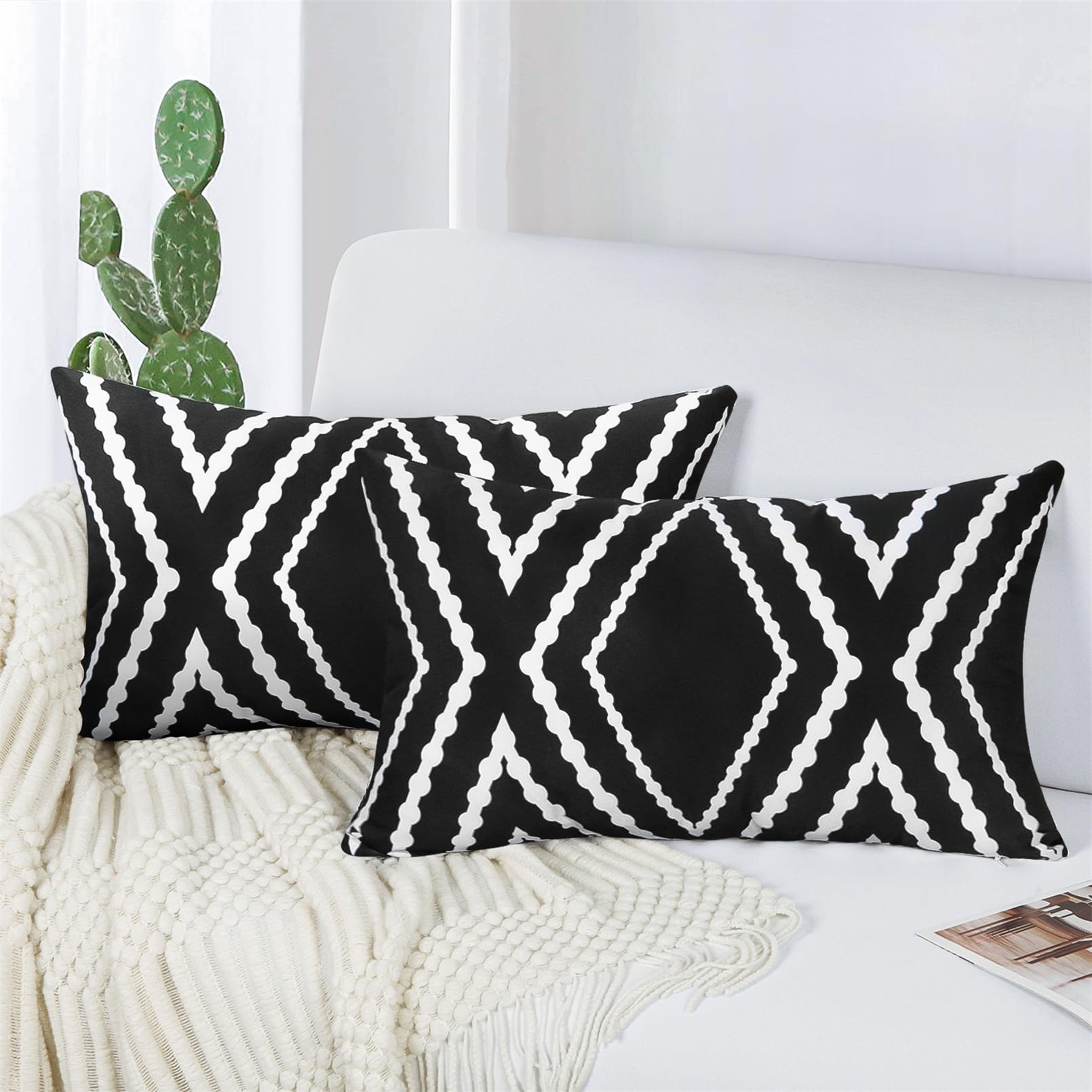 Adabana Outdoor Lumbar Waterproof Pillow Covers Set Of 2 Boho Geometric Throw Pillows Cover For Patio Garden 12 X 20 Inch Black