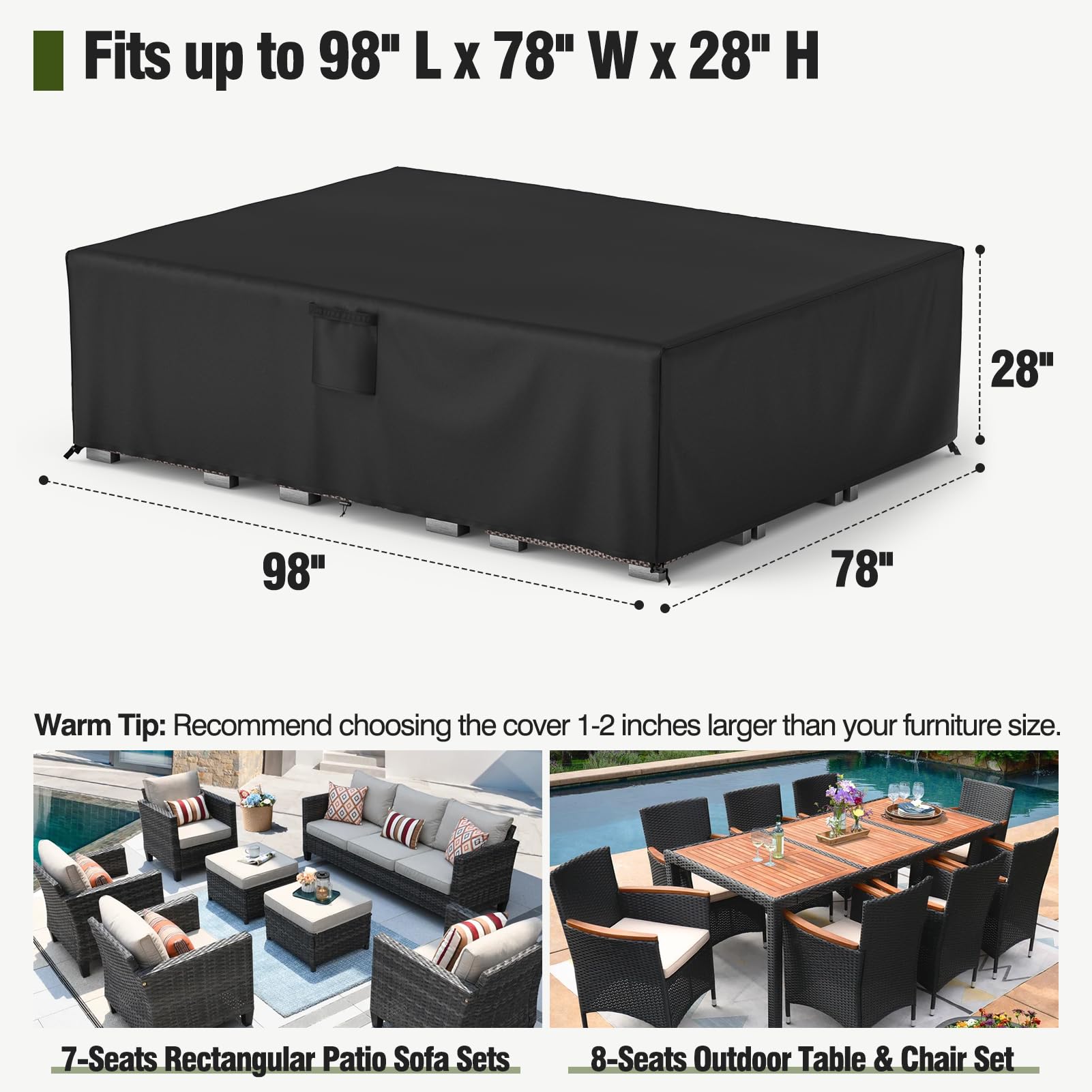 Mr. Cover Patio Furniture Covers Waterproof, Outdoor Furniture Cover Fits Up To 98L X 78W X 28H Inches, Rectangular Table And Chair Set Covers Rip-Resistant Material With Windproof Buckles