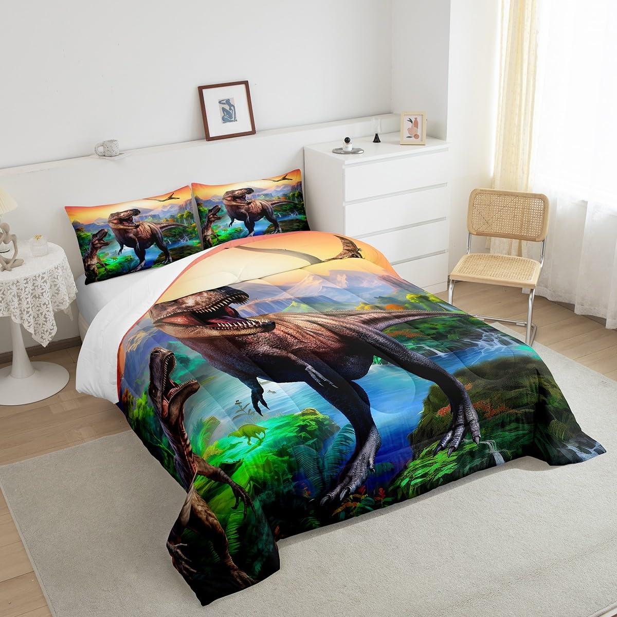 Erosebridal Boys Dinosaur Queen Bedding Set Kids 3D Cartoon Dinosaurs Comforter Set Teen Boy Bedding Dinosaur Quilt Dinosaur Room Decor Soft Lightweight Duvet Sets For All Season 2 Pillow Cases