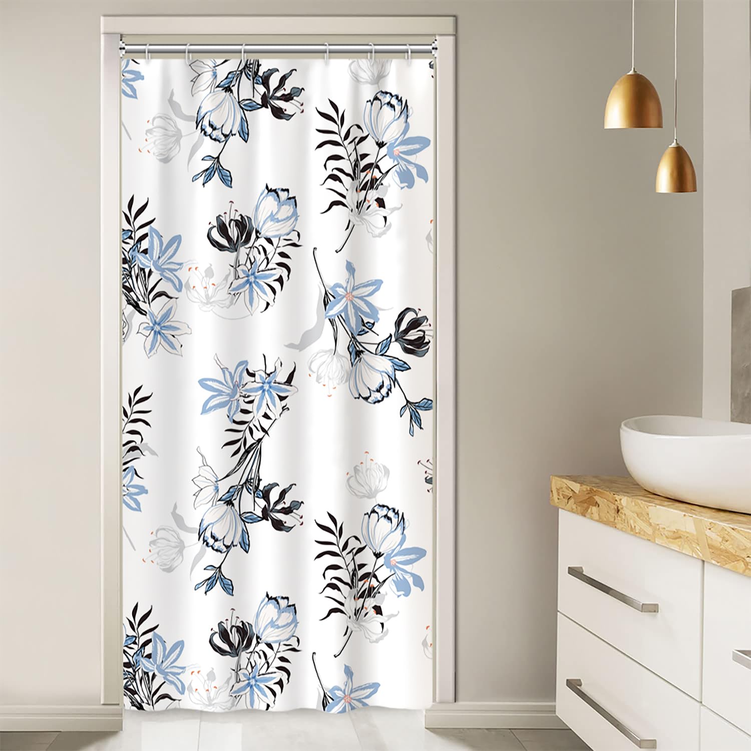 Ruelvth Stall Shower Curtain, Blue And Grey Floral Small Shower Curtain Waterproof Fabric Spring Flower Rv Shower Curtain Set Wi