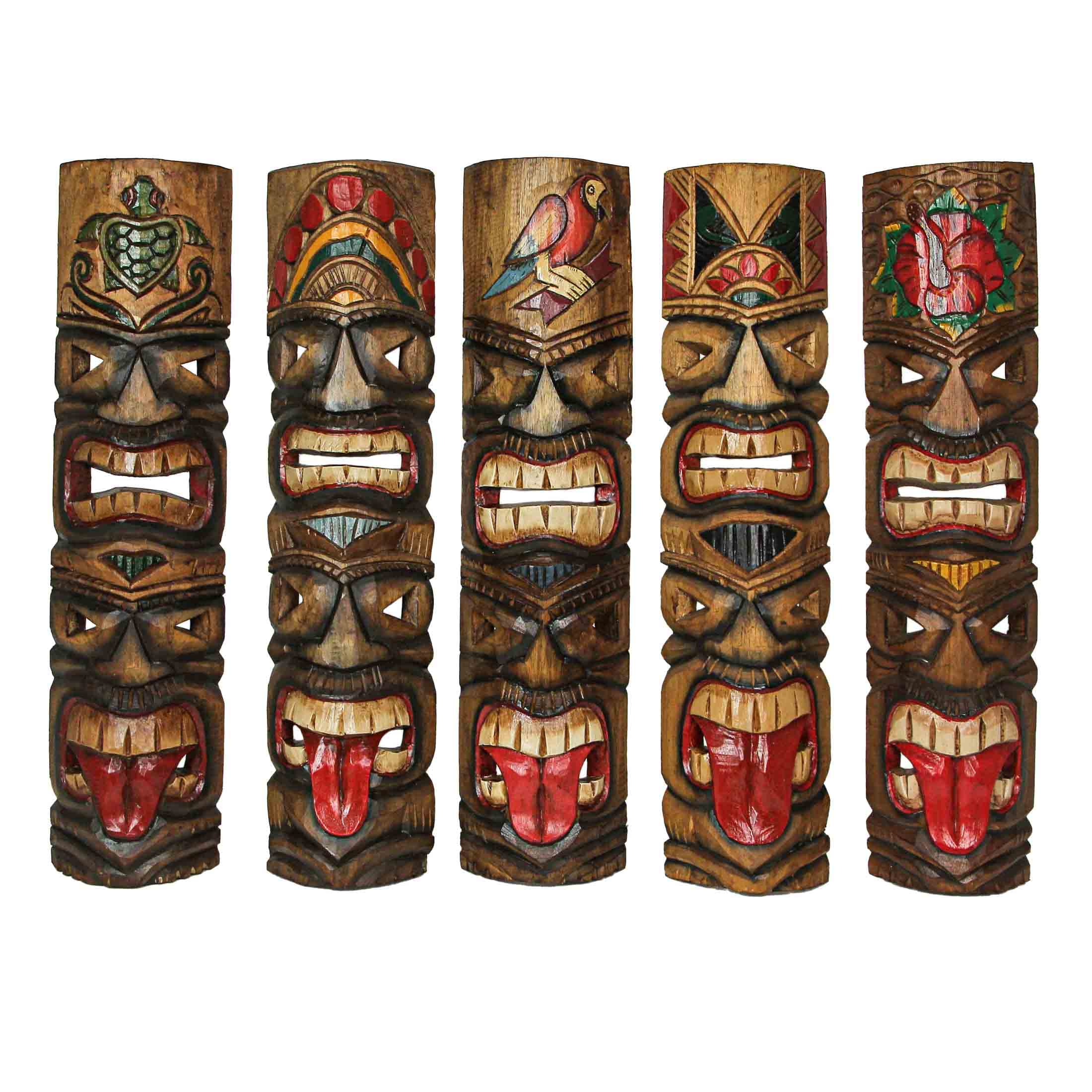 Zeckos Set of 5 Hand-Carved Wood Double Tiki Mask Totem Wall Hangings - Exquisite Tribal Decor Sculptures - 24 Inches High - Giv