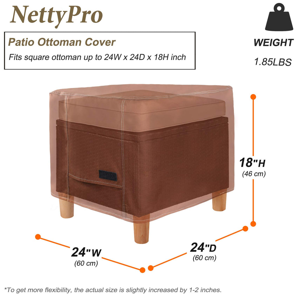 Nettypro Waterproof Ottoman Cover Square 24 X 24 Inch Outdoor Patio Furniture Ottoman Table Cover, Brown
