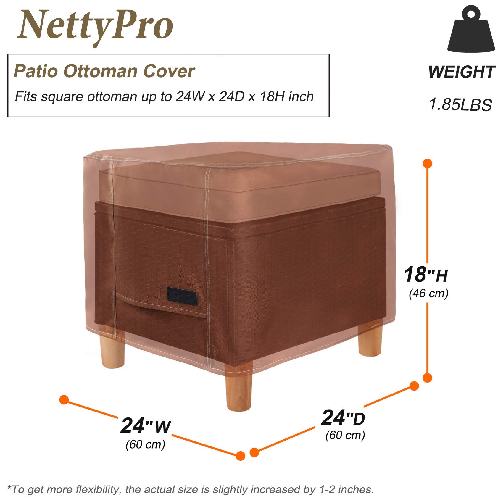 Nettypro Waterproof Ottoman Cover Square 24 X 24 Inch Outdoor Patio Furniture Ottoman Table Cover, Brown